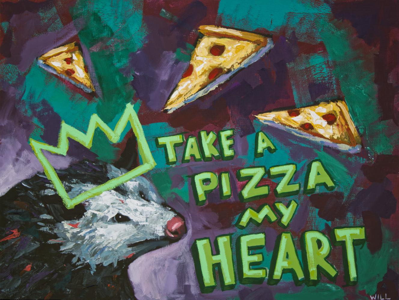 Original acrylic animal painting of possum and pizza slices to tickle your funny bone. Perfect for eclectic and rock roll homes. :: Painting :: Pop-Art :: This piece comes with an official certificate of authenticity signed by the artist :: Ready to