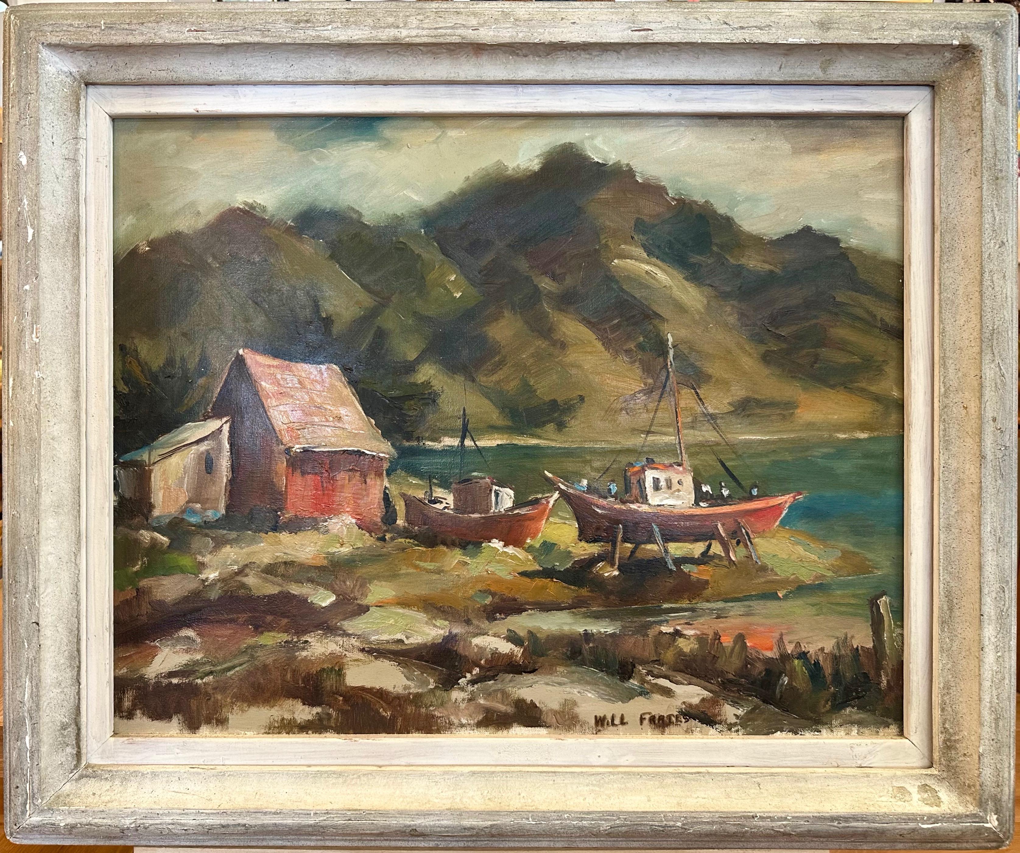 A large and evocative circa 1950 framed impressionist landscape oil painting on canvas titled “Princeton Beach [Boat Repair]” by noted northern California artist William “Will” E. Frates (b. 1896–1969). 

Captivating coastal setting depicts an