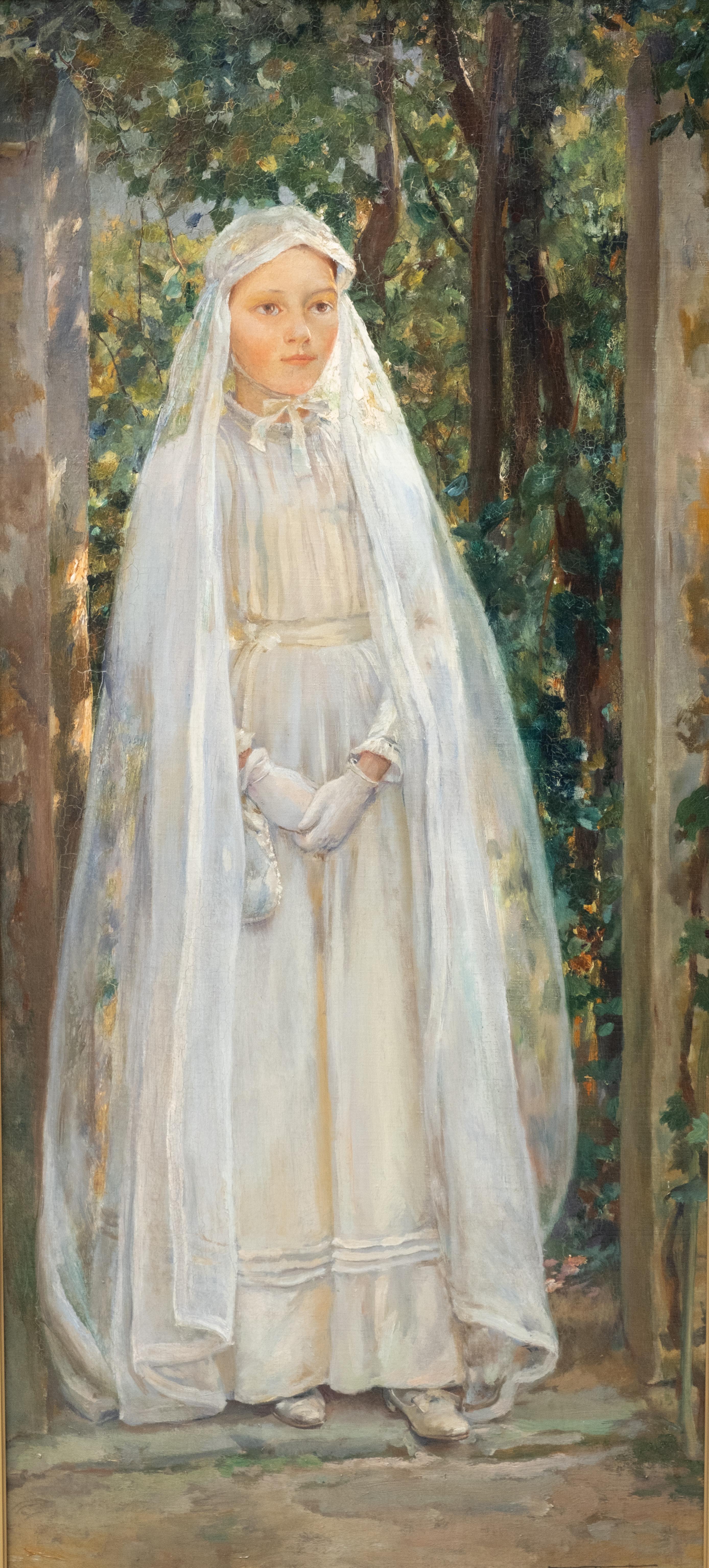 Will Hicok Low (American,1853 – 1932). 'Young  French Girl on her First Communion'. Oil on canvas, signed and dated 1901, lower right.  Canvas stamped verso, 'P. Folinet Fils Lefebrve Paris'.Various marks and labels to back of stretcher and frame,