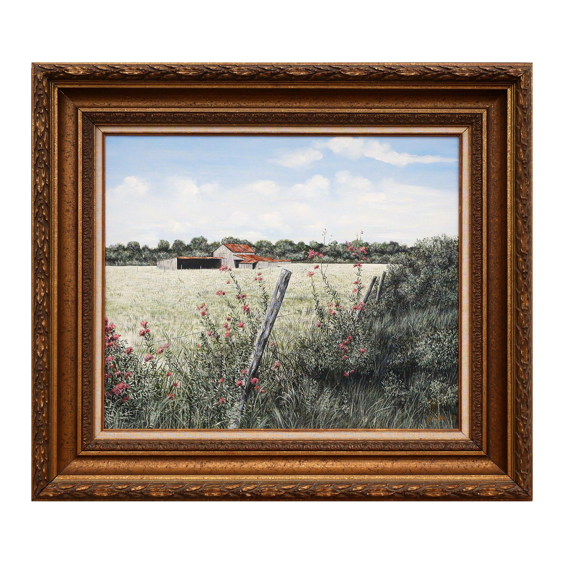 Hyper realistic Southern landscape painting by Louisiana native Will Hinds. The work features a wild rosebush growing over a fence set against a pastoral farm scene in the background. Signed and dated in the front lower right corner. Currently hung