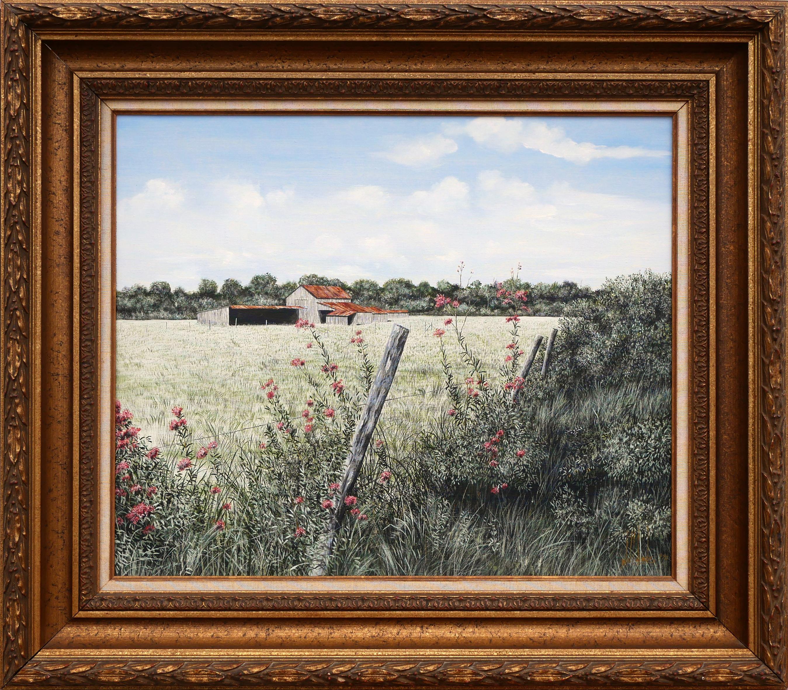 Will Hinds Still-Life Painting - “Wild Roses” Hyper Realistic Rural Southern Landscape Painting of a Farm