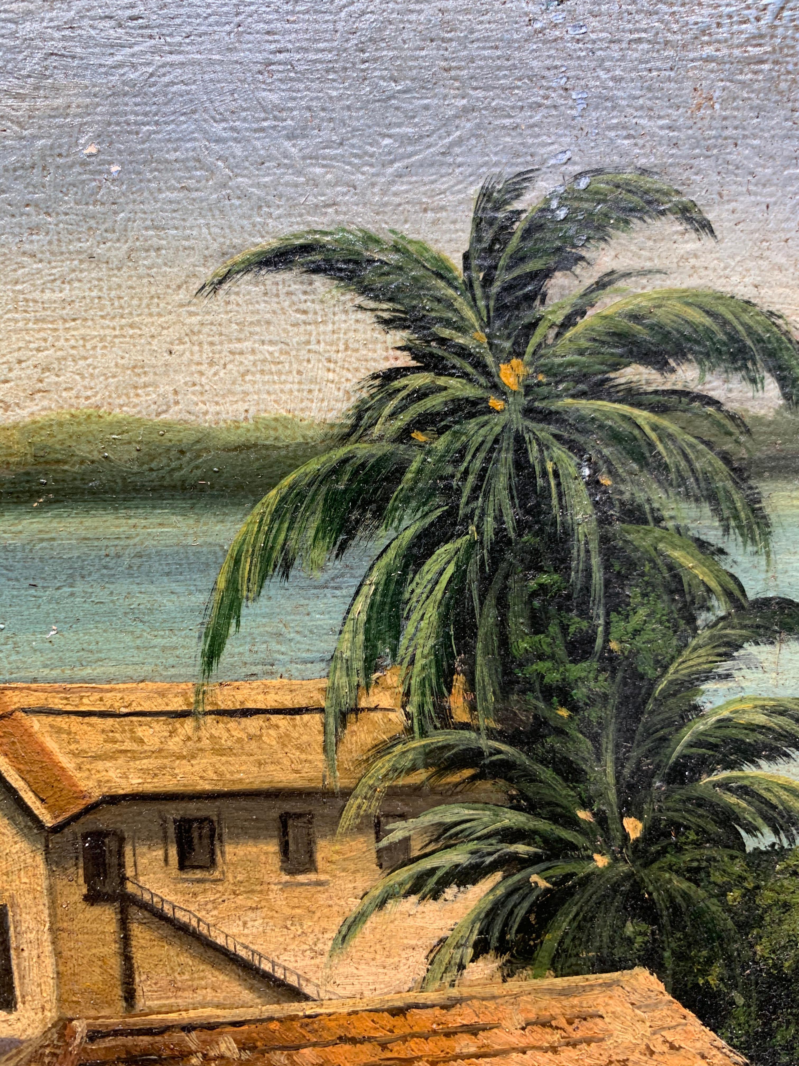 Magnifique paysage de jeunesse de l'artiste américain Will Howe Foote (1874-1965). Paysage des Bermudes, vers 1890-95. Huile sur panneau de carton texturé, mesure 14 x 18 pouces. Label d'attribution original apposé au verso. L'œuvre n'est pas
