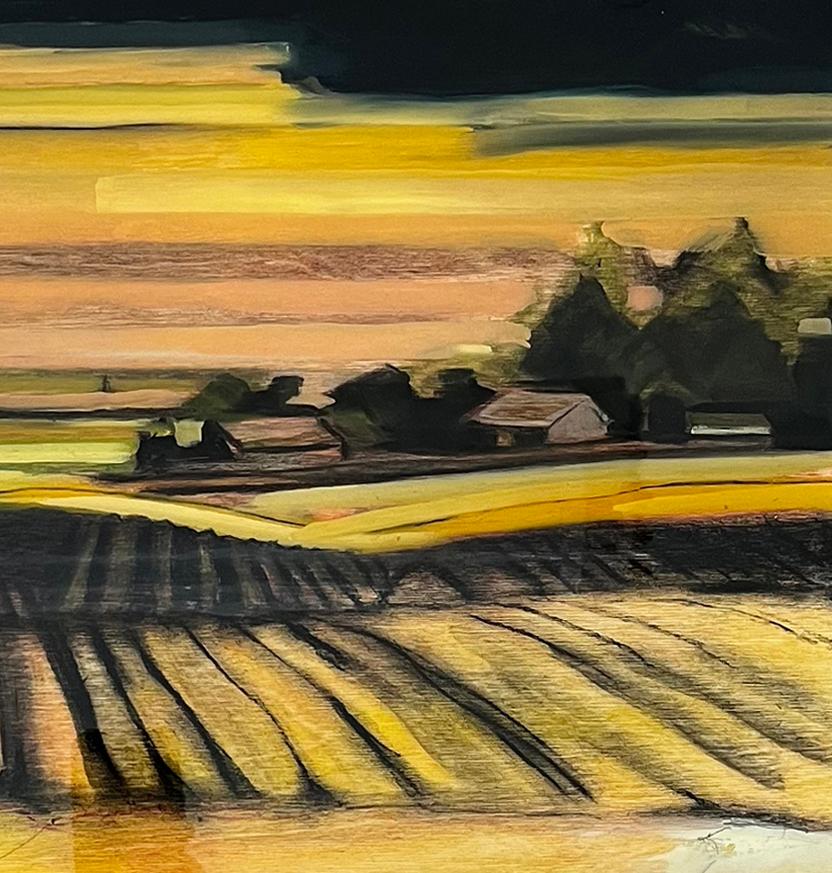 „Landscape #1“, Ölgemälde auf zerklüftetem Holz, Harzausführung, schwarzer Holzrahmen – Painting von Will Hudson