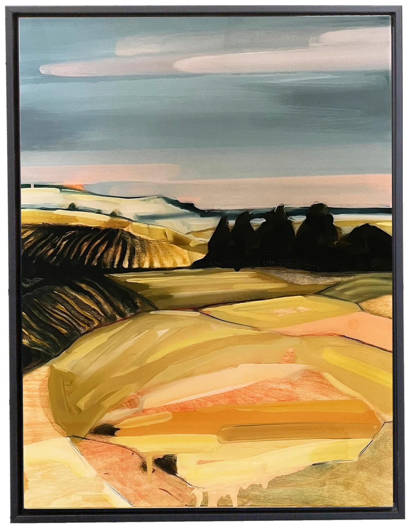 Will Hudson Landscape Painting – „Landscape #3“, Ölgemälde auf zerklüftetem Holz, Harzausführung, schwarzer Holzrahmen