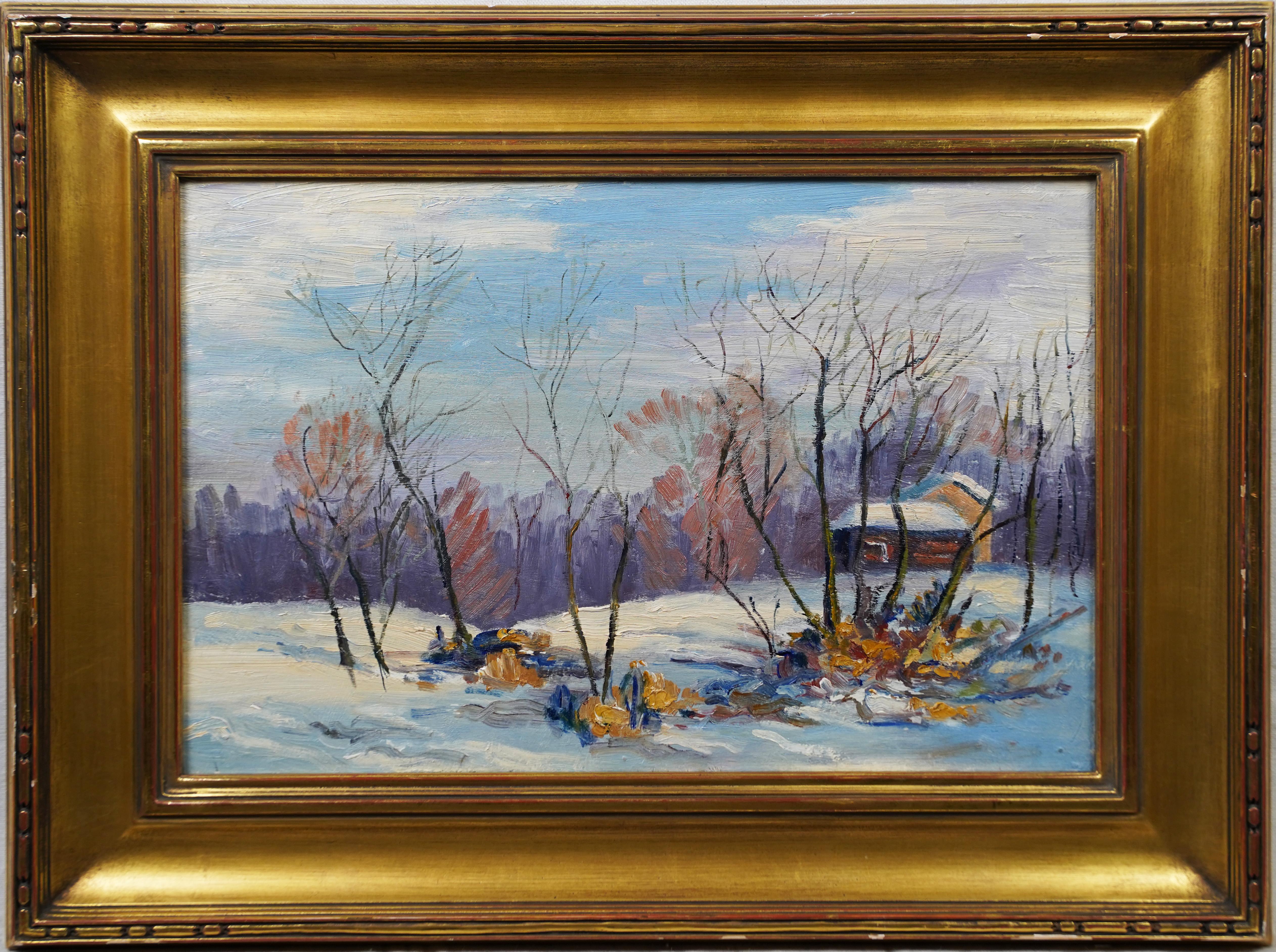 American School Impressionist Winter Landscape Framed Original Oil Painting - Brown Landscape Painting by Will Hutchins