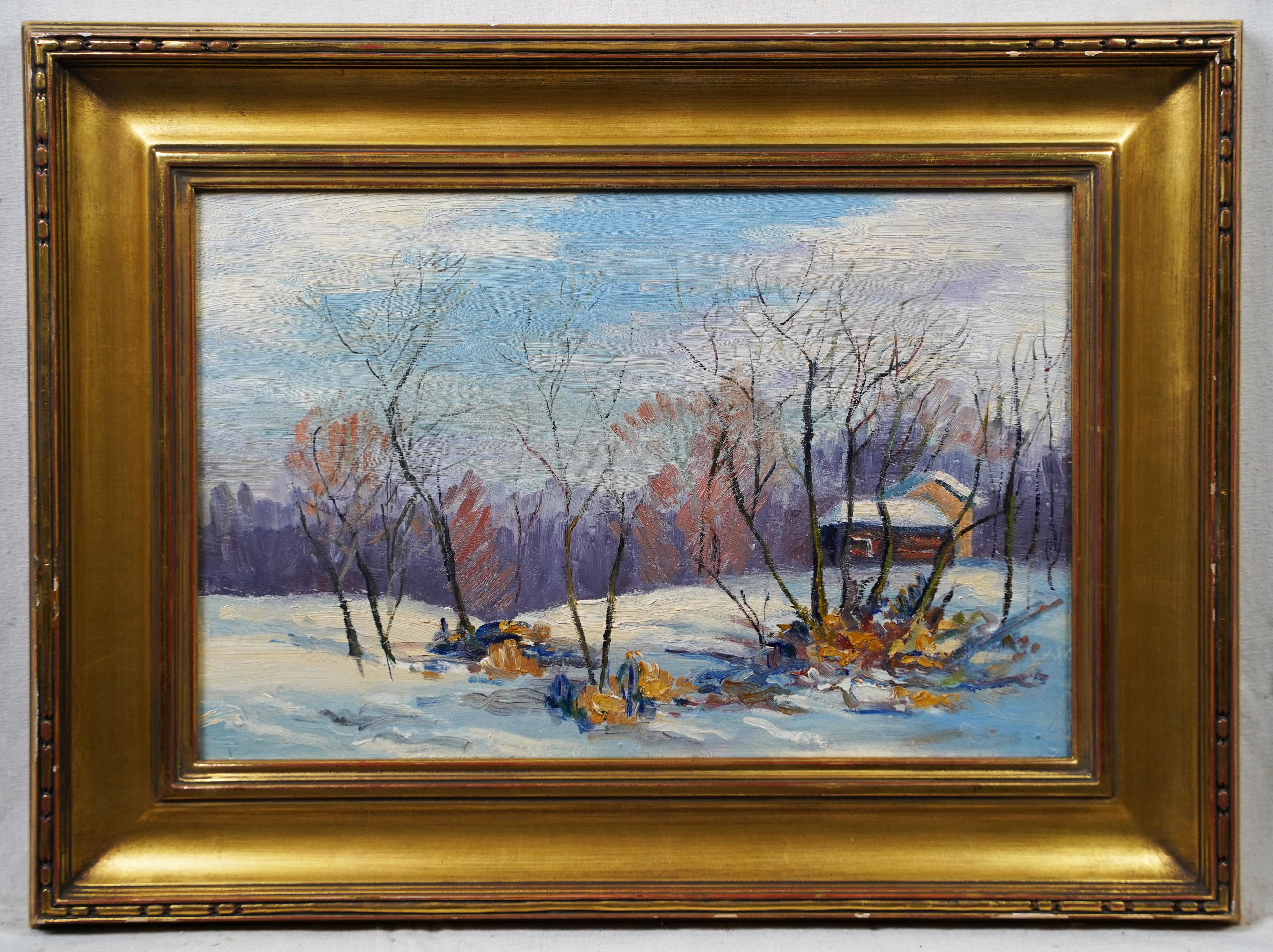 Antique American impressionist landscape oil painting.  Oil on board.  Stamped verso.  Framed.