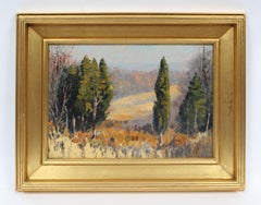 Ancien impressionniste américain antique  Panoramie d'automne  Peinture à l'huile - Paysage signée