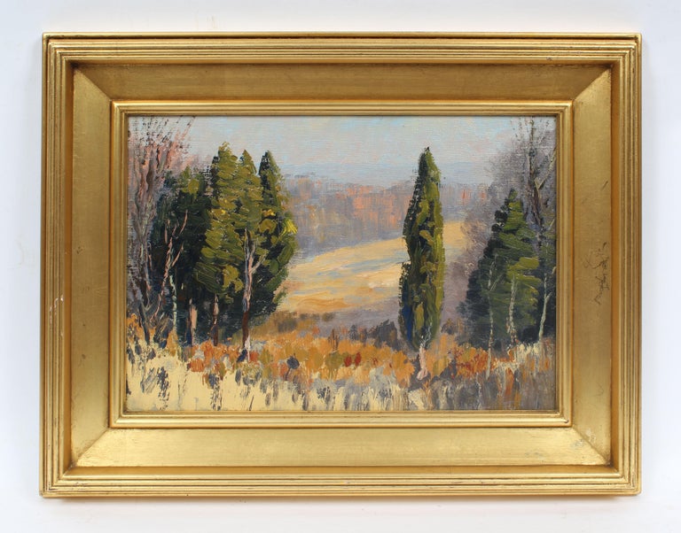 Antique American Impressionist  Fall Panoramic  Landscape Signed Oil Painting - Brown Landscape Painting by Will Hutchins