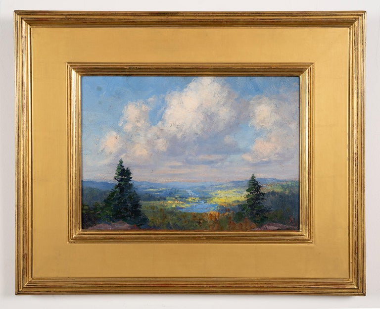 Antique American impressionist landscape painting by Will Hutchins  (1878 - 1945). Oil on board, circa 1920. Unsigned, estate stamped verso. Displayed in a giltwood impressionist frame. Image size, 14