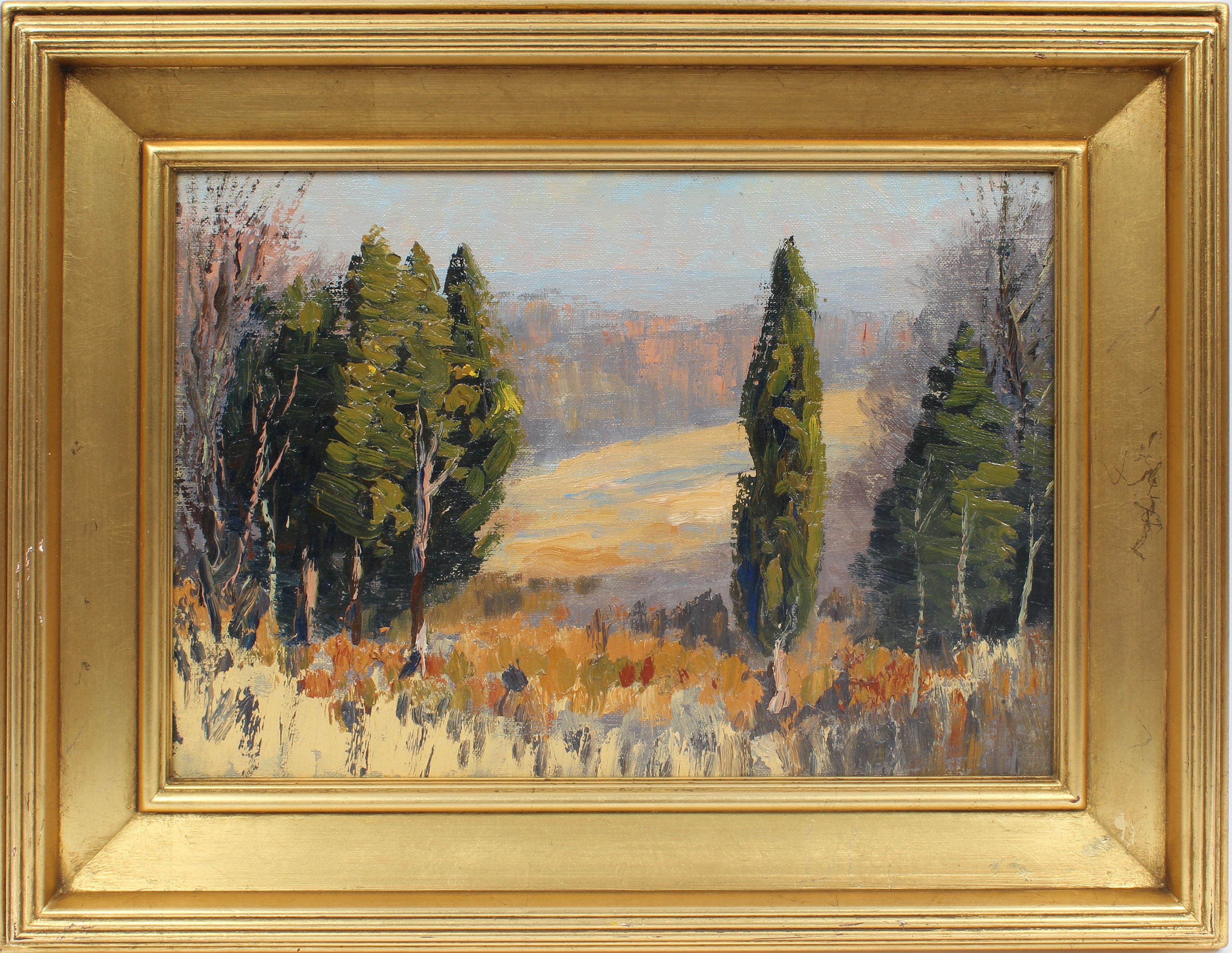 Antique American Impressionist  Fall Panoramic  Landscape Signed Oil Painting