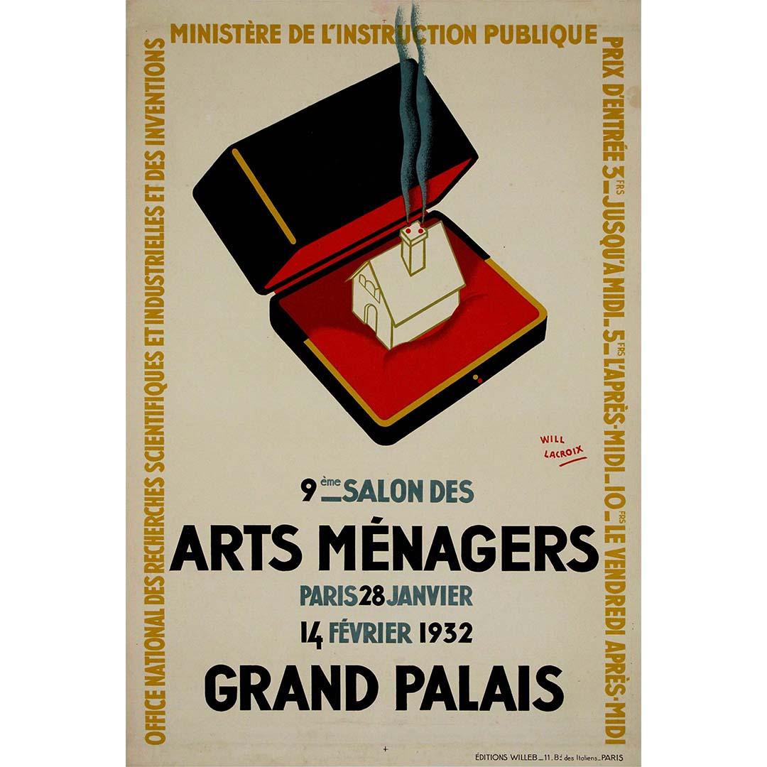 The original 1932 poster by Will Lacroix for the 9th Salon des Arts Ménagers at the Grand Palais, organized by the Office National des Recherches Scientifiques et Industrielles et des Inventions, epitomizes the artistic and industrial fervor of the