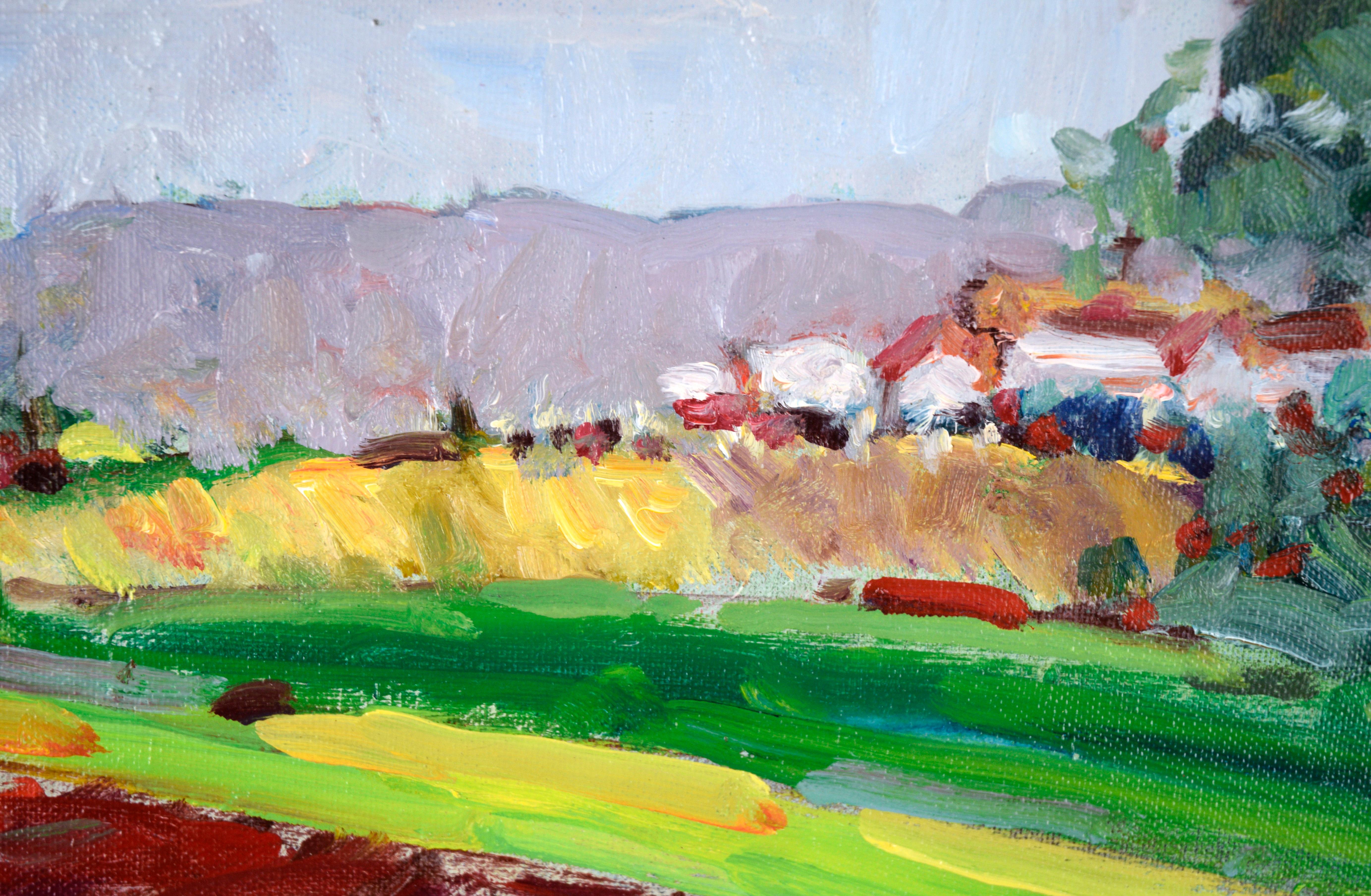 « Salinas Valley Farm » - Paysage fauviste à l'huile sur panneau d'artiste

Paysage lumineux et saturé de Will H. Light (américain, 1926-2004). Le spectateur se trouve au bord d'une ferme et regarde les rangées de champs rouges, jaunes et verts. Au