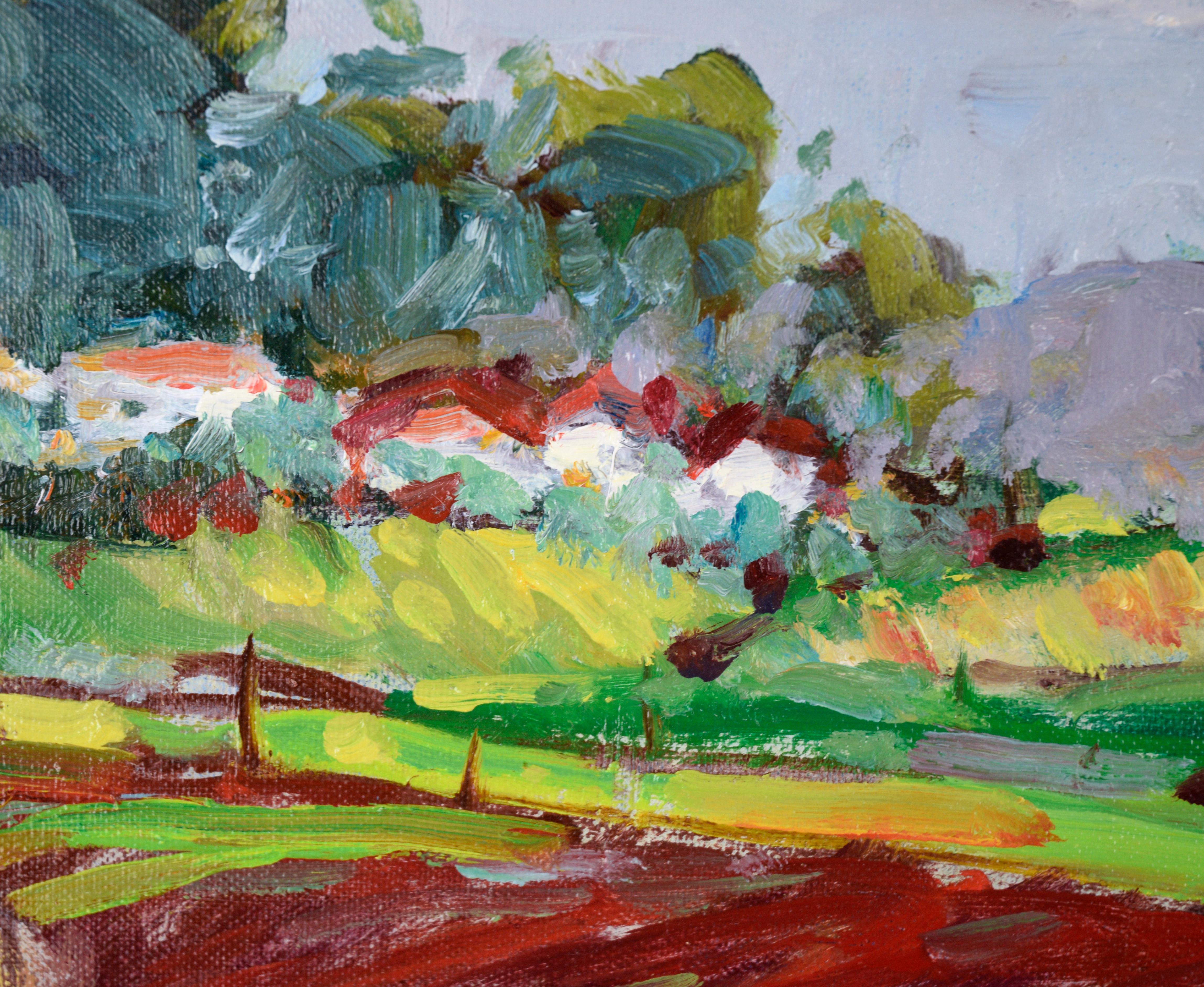 « Salinas Valley Farm » - Paysage fauviste à l'huile sur panneau d'artiste en vente 1