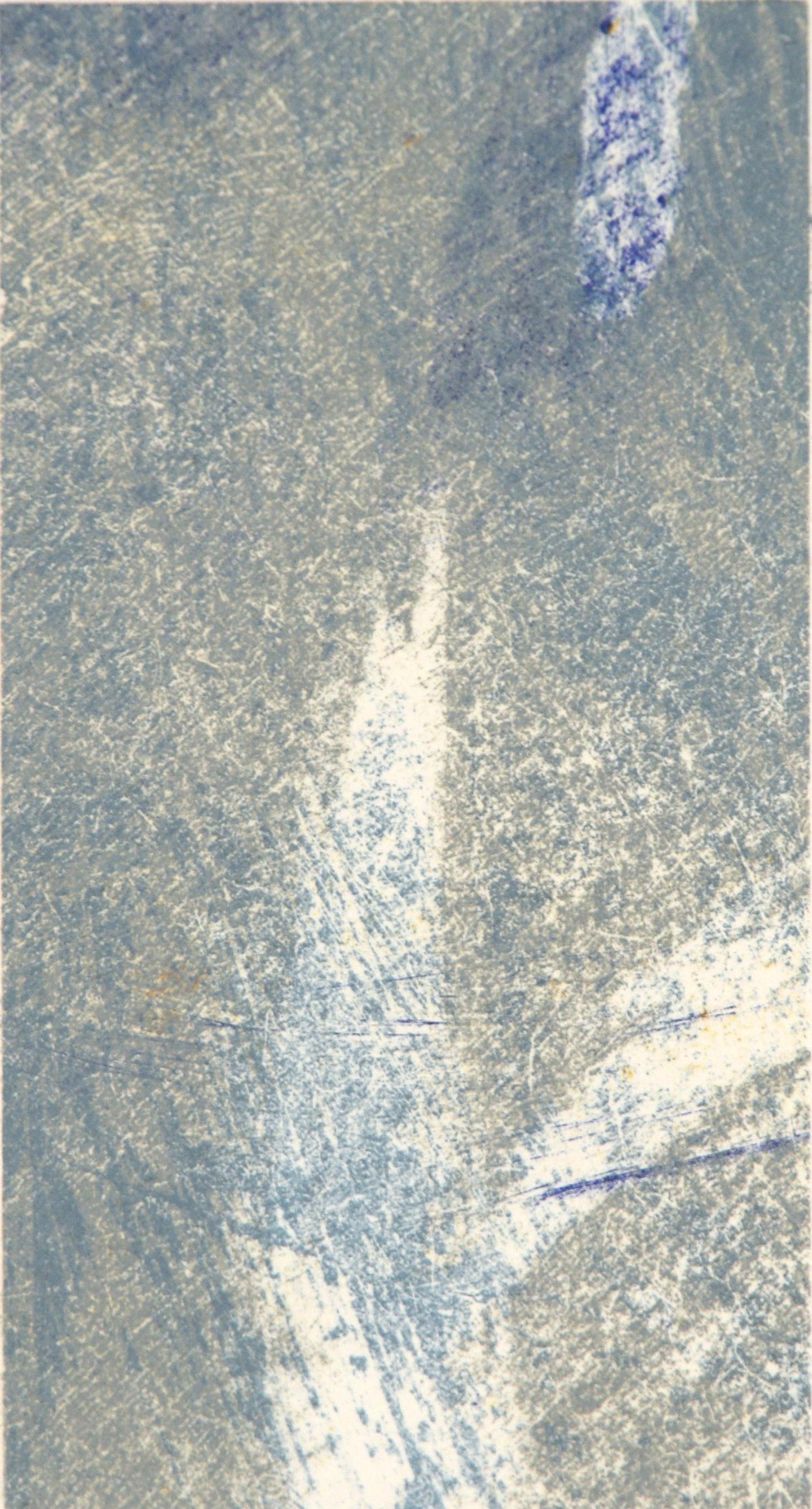 Delicata litografia astratta in blu e grigio pallido - Print Postmoderno di Will Peterson