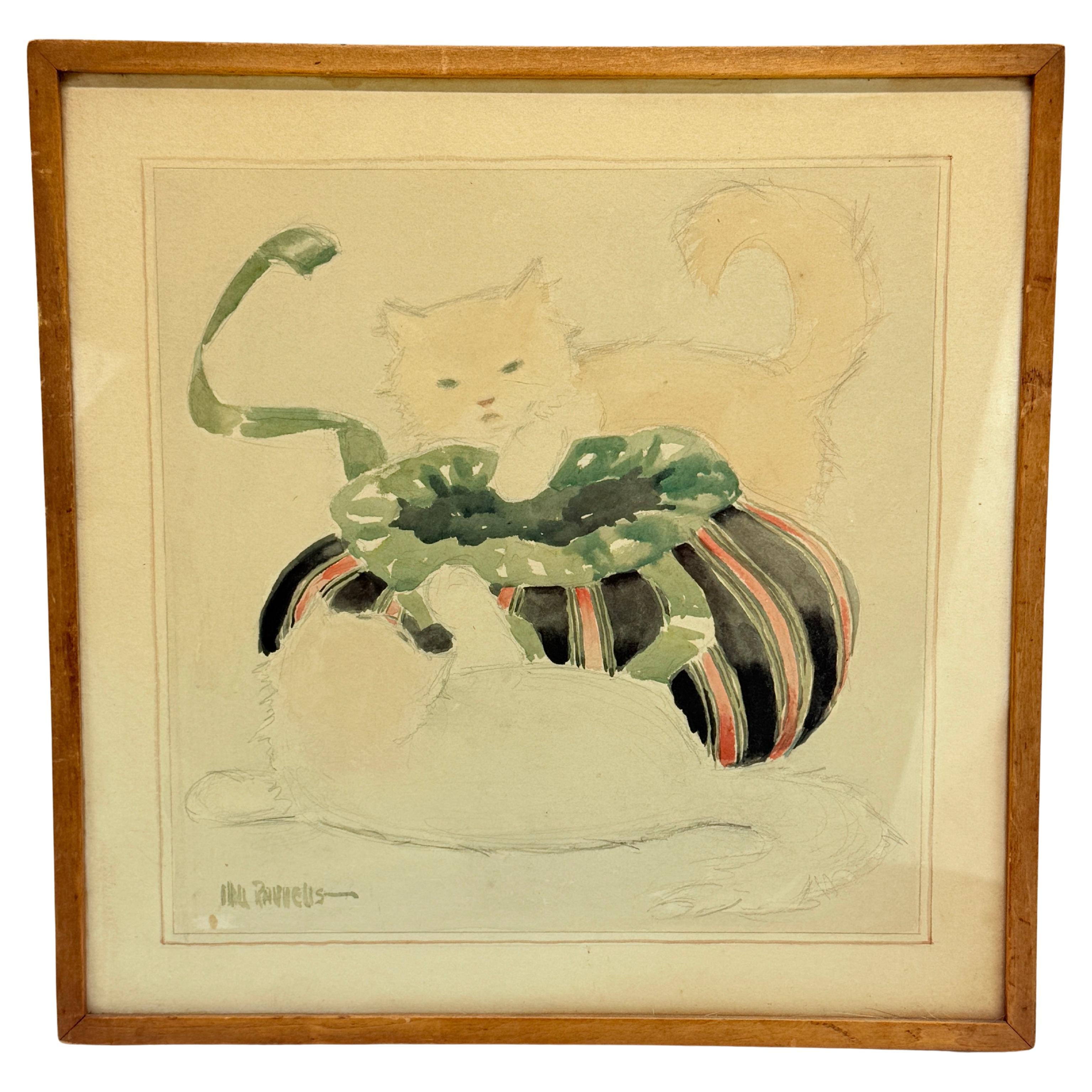 Will Rannells (Amerikaner, 1892-1982) "Katzen und geschnürte Schachtel" Aquarell