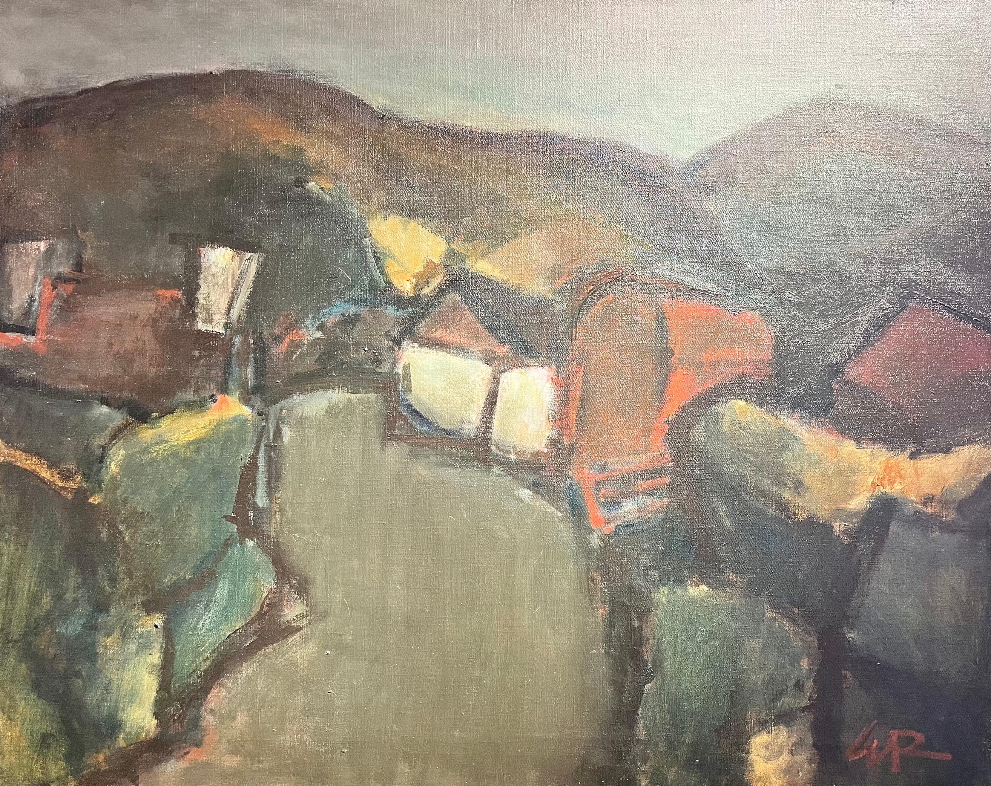 'Red Barn' Dark Atmospheric painting of a welsh landscape, building, hills - Painting by Will Roberts