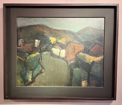 Vintage 'Red Barn' Dark Atmospheric painting of a welsh landscape, building, hills