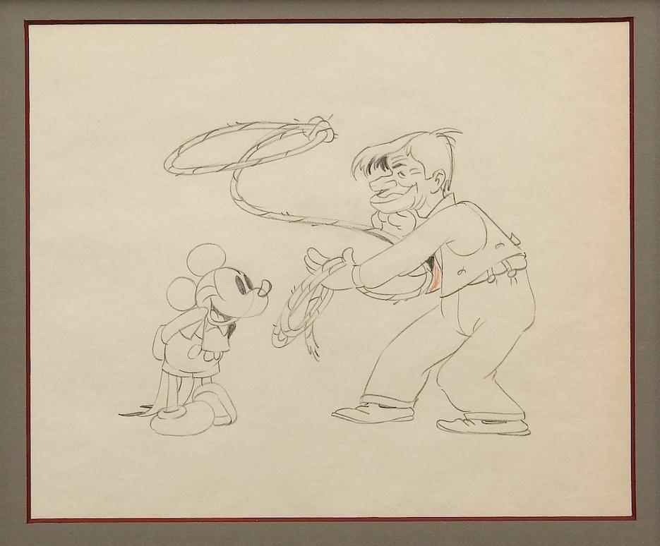 Presented is a unique collage featuring both a signature by Will Rogers and a Walt Disney animation drawing of the famous entertainer. The postal cover is signed by Rogers in dark ink at the top left and addressed to Thomas A. Edwards. The letter is