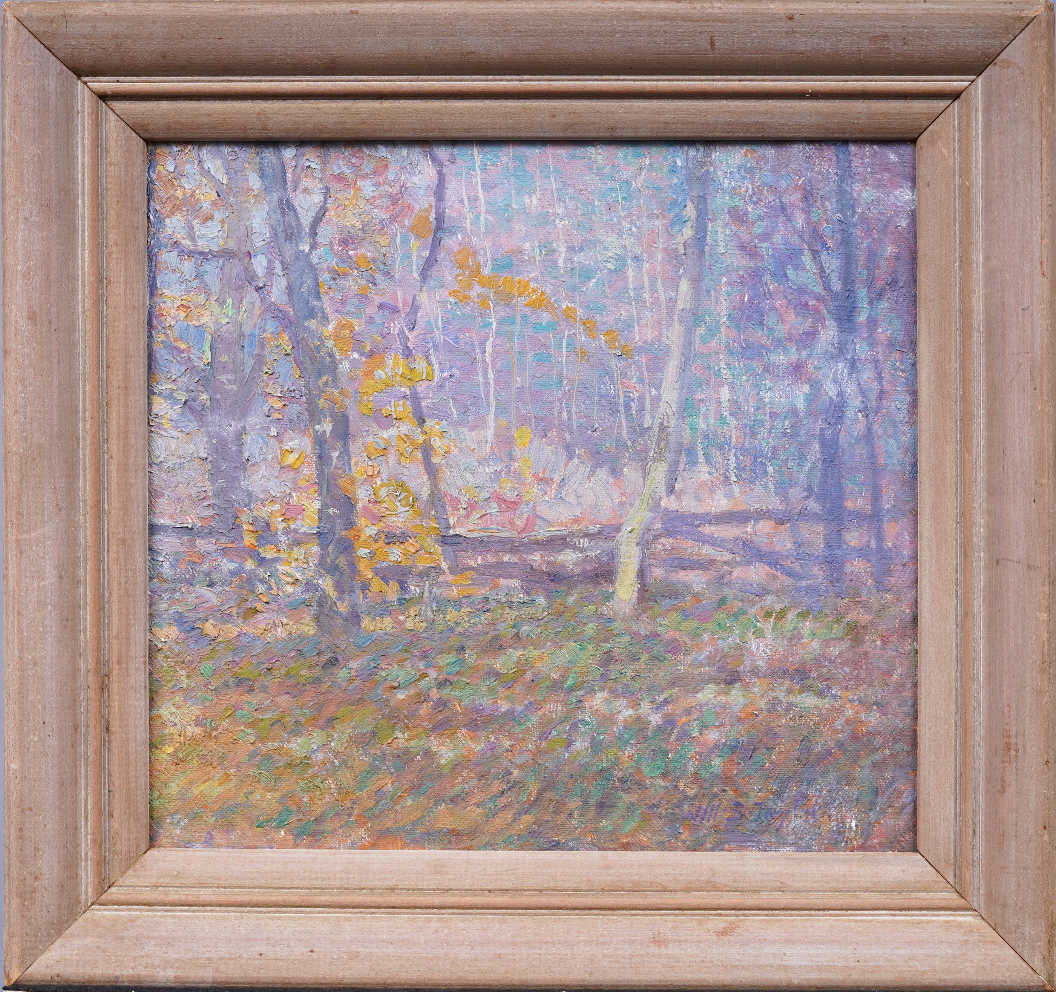 Antique American New England Fall Impressionist Framed Signed Oil Painting - Brown Abstract Painting by Will S. Taylor