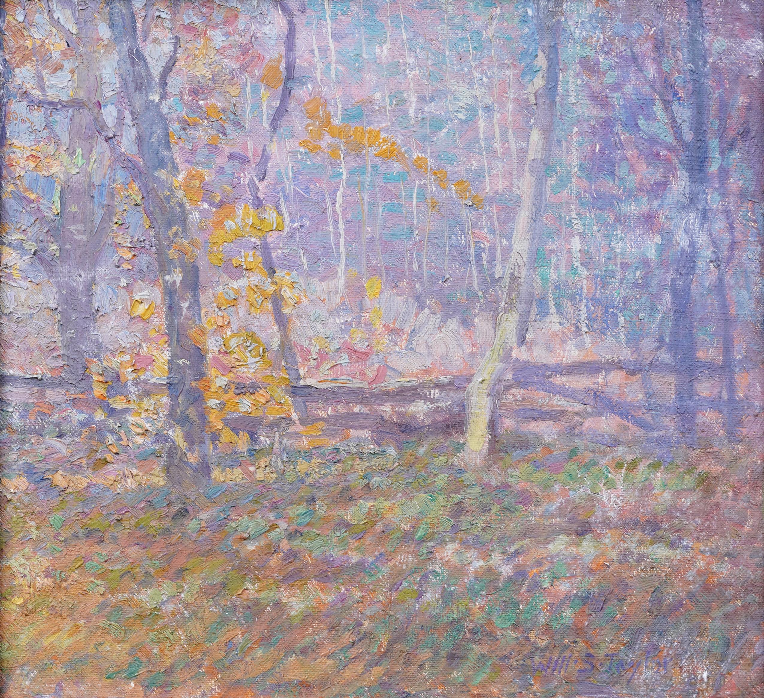 Impressive early American impressionist landscape painting by Will S. Taylor (Born 1882). Oil on board.  Framed.  Signed.  Image size, 12 by 13 inches.  
