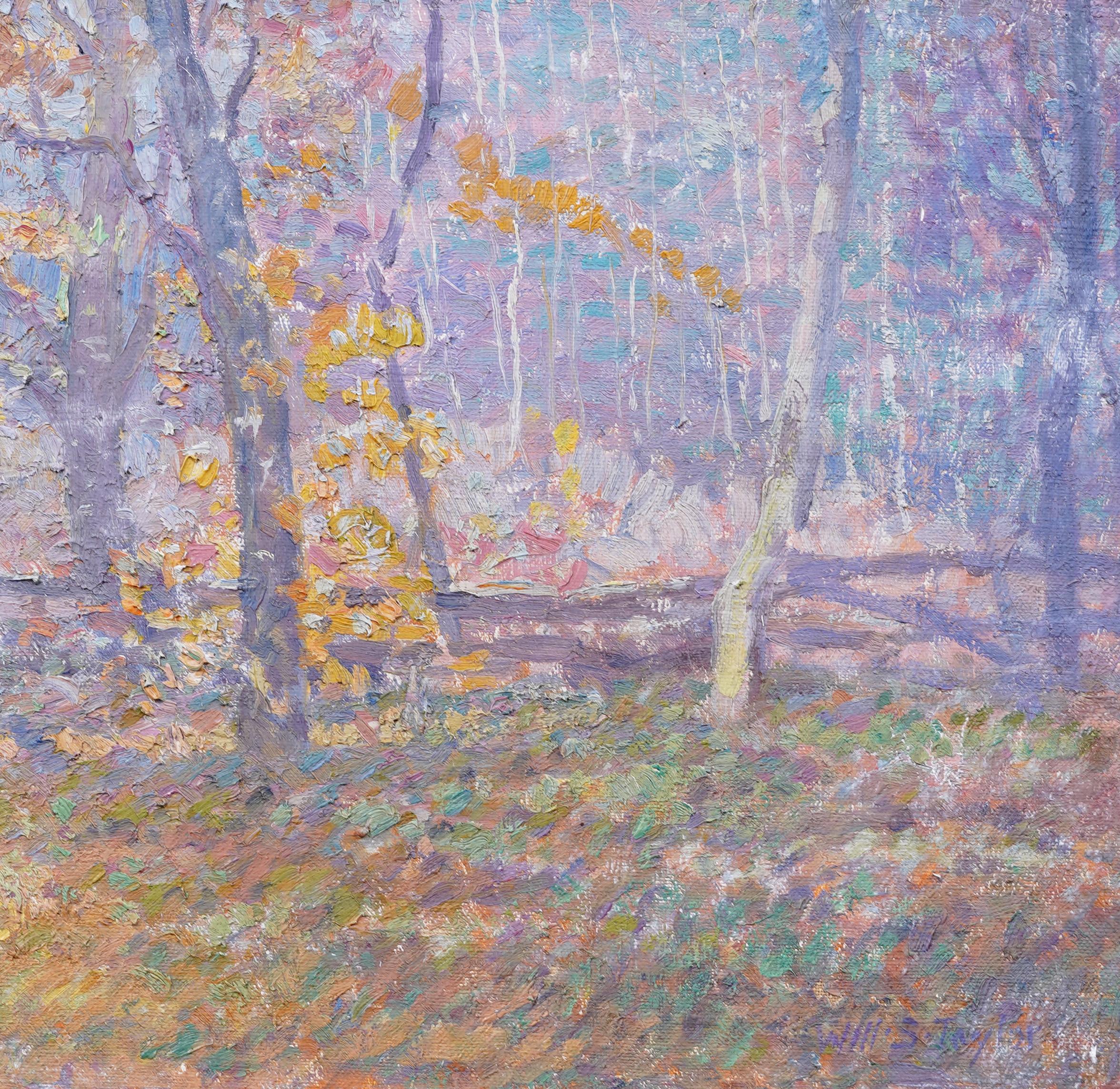 Antique American New England Fall Impressionist Framed Signed Oil Painting For Sale 1