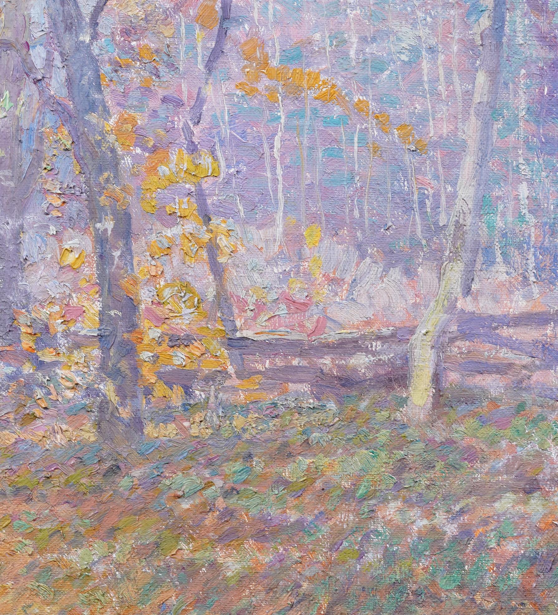 Antique American New England Fall Impressionist Framed Signed Oil Painting For Sale 3