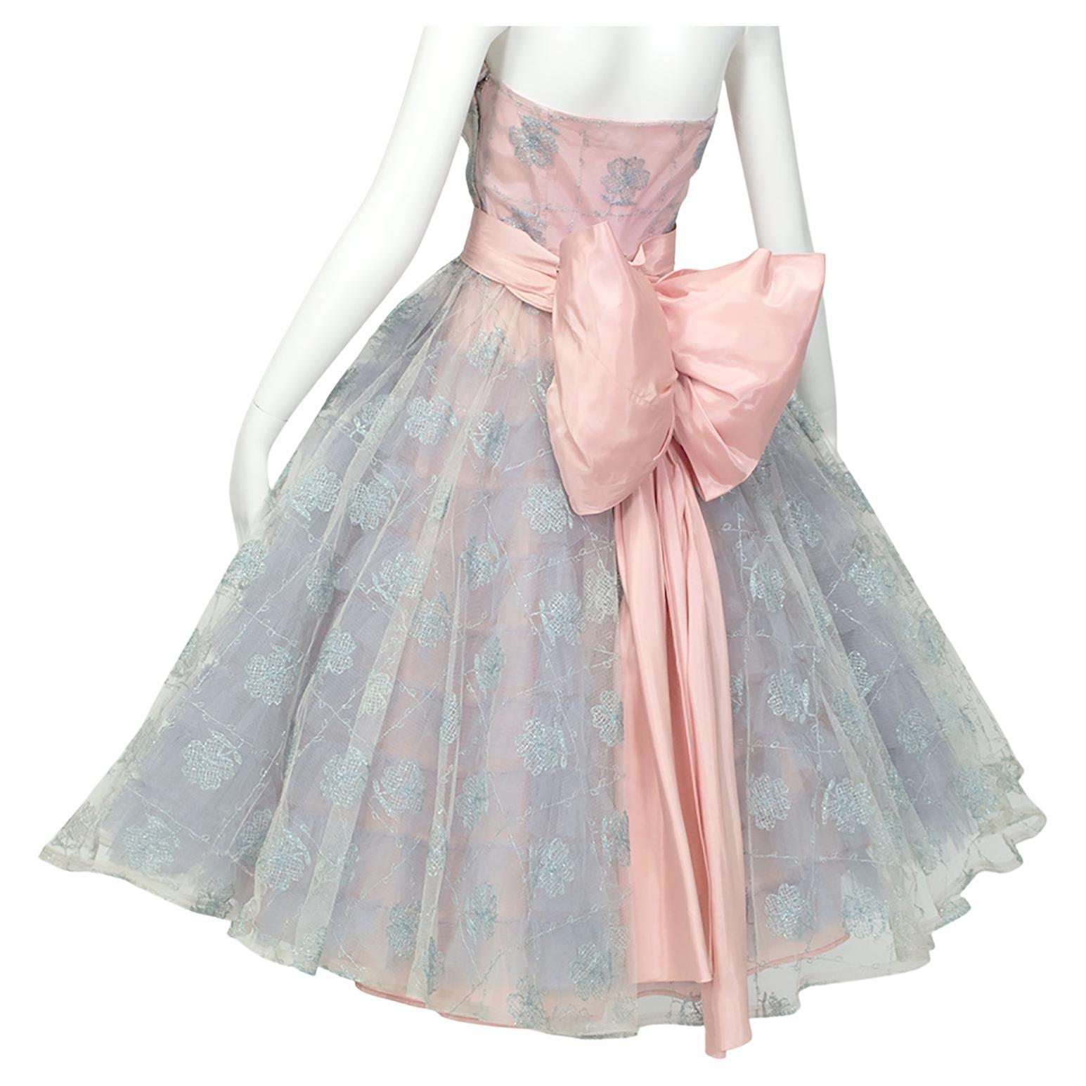 Will Steinman New Look Pink Blue Strapless Back Bow Bouffant Party Dress-S, 1950 For Sale