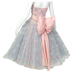 Vintage Will Steinman New Look Pink and Blue Strapless Lace Bow Party Dress - S, 1950s