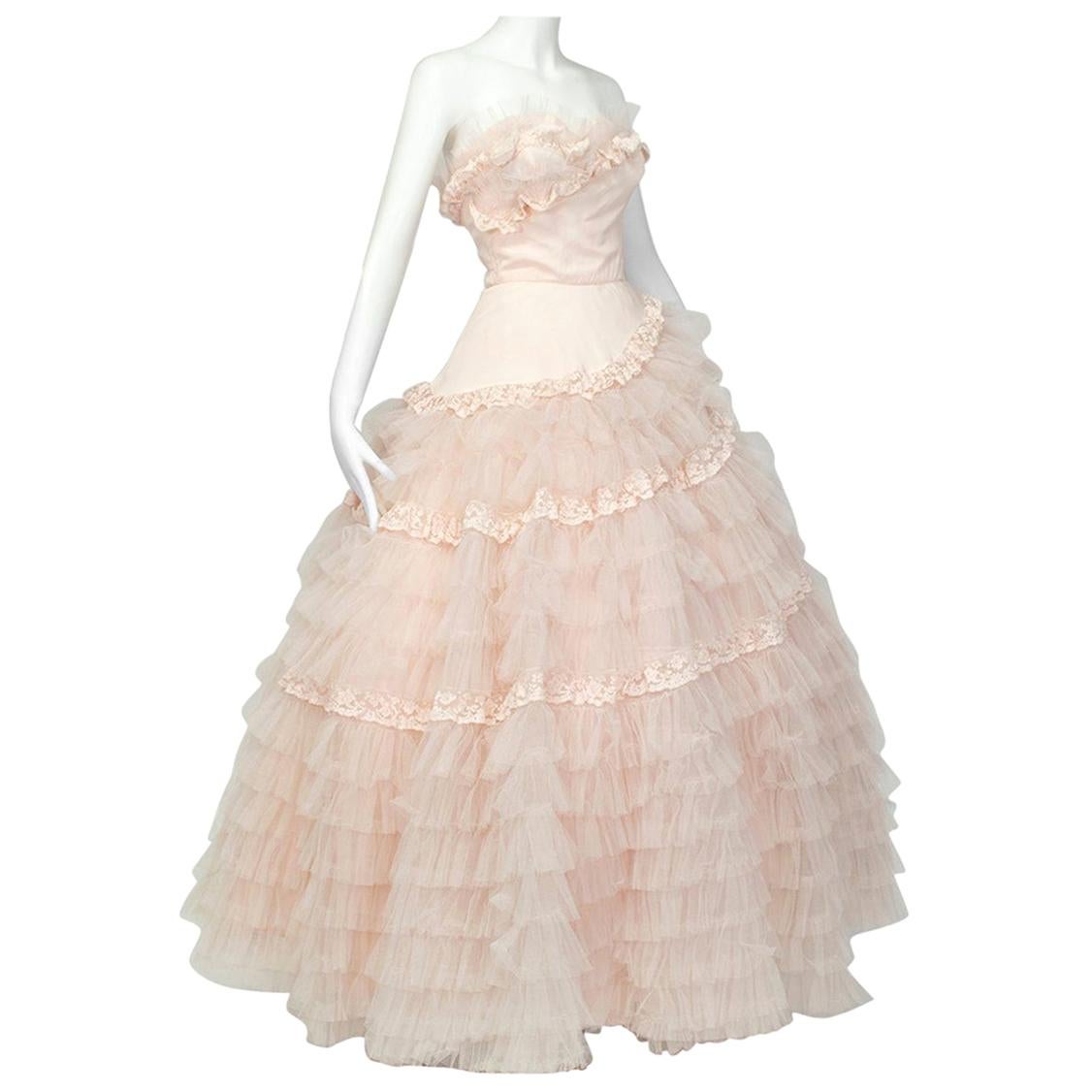 Will Steinman Pink Strapless Asymmetrical Lace Wedding Ball Gown - Small, 1950s