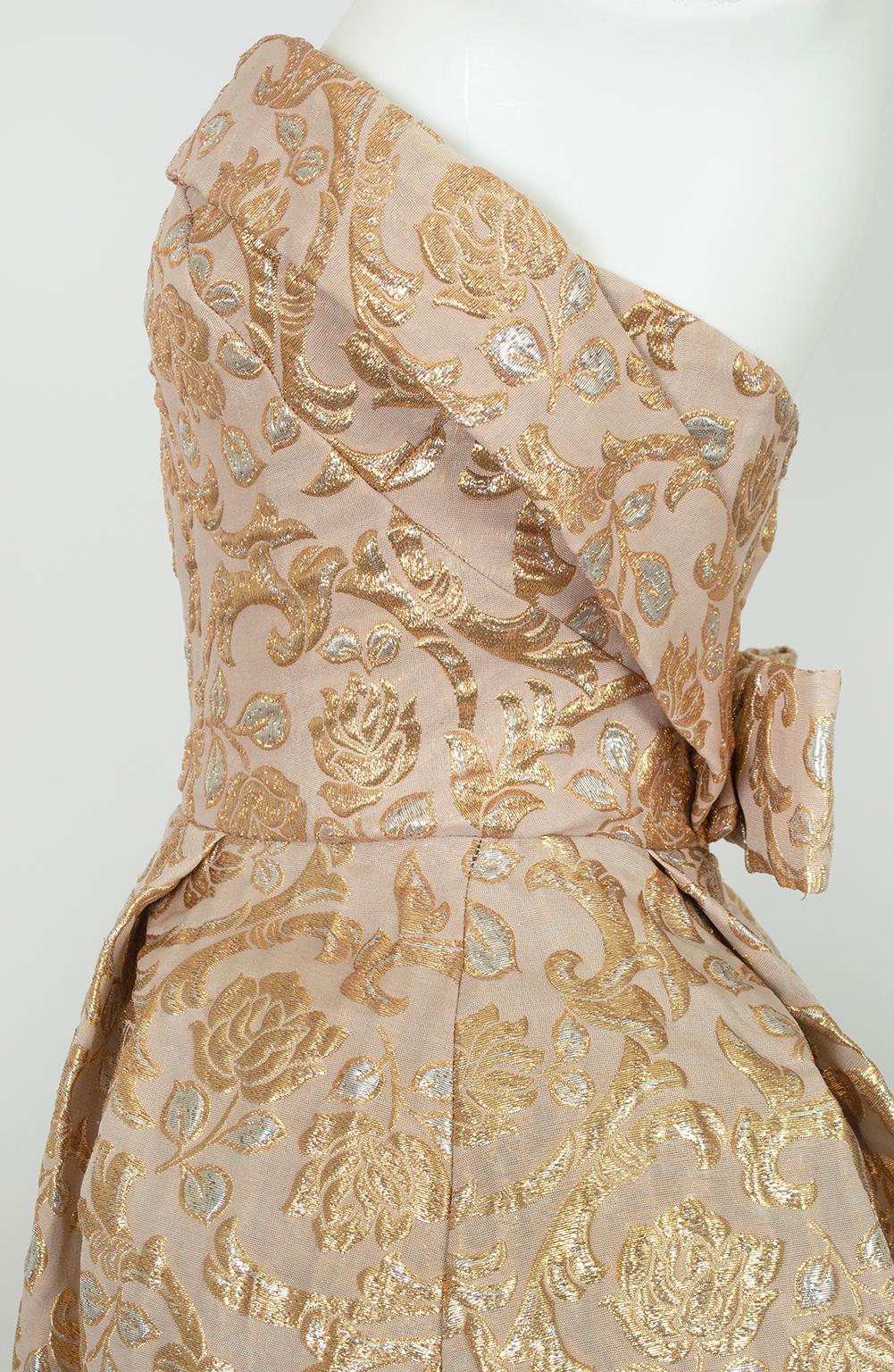 Will Steinman Strapless Gold Metallic Brocade Ball Gown w Rear Bow – XS, 1950s 6