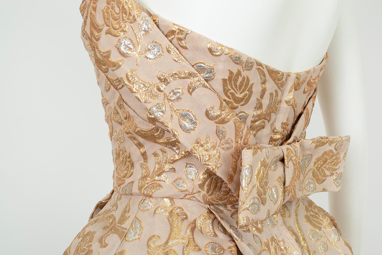 Will Steinman Strapless Gold Metallic Brocade Ball Gown w Rear Bow – XS, 1950s 7