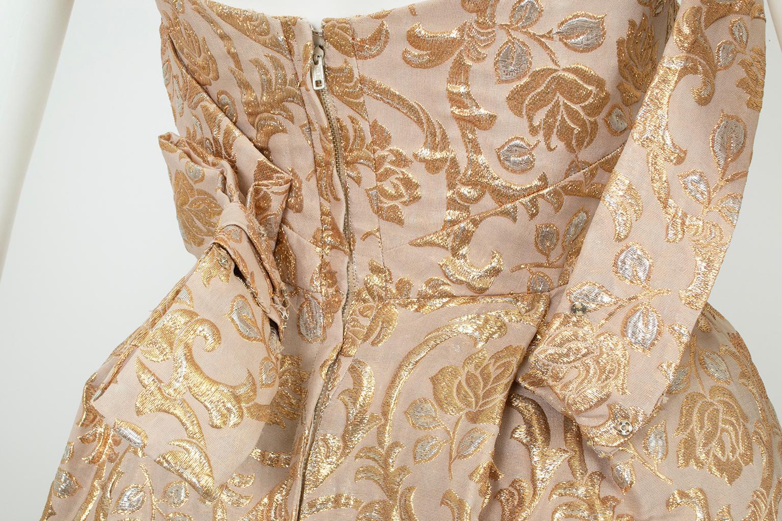Will Steinman Strapless Gold Metallic Brocade Ball Gown w Rear Bow – XS, 1950s 8