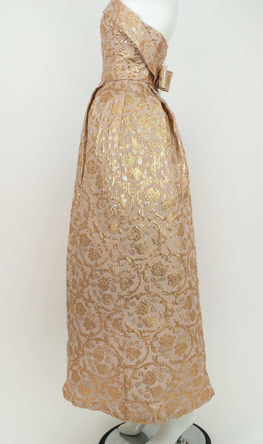 Will Steinman Strapless Gold Metallic Brocade Ball Gown w Rear Bow – XS, 1950s In Excellent Condition In Tucson, AZ