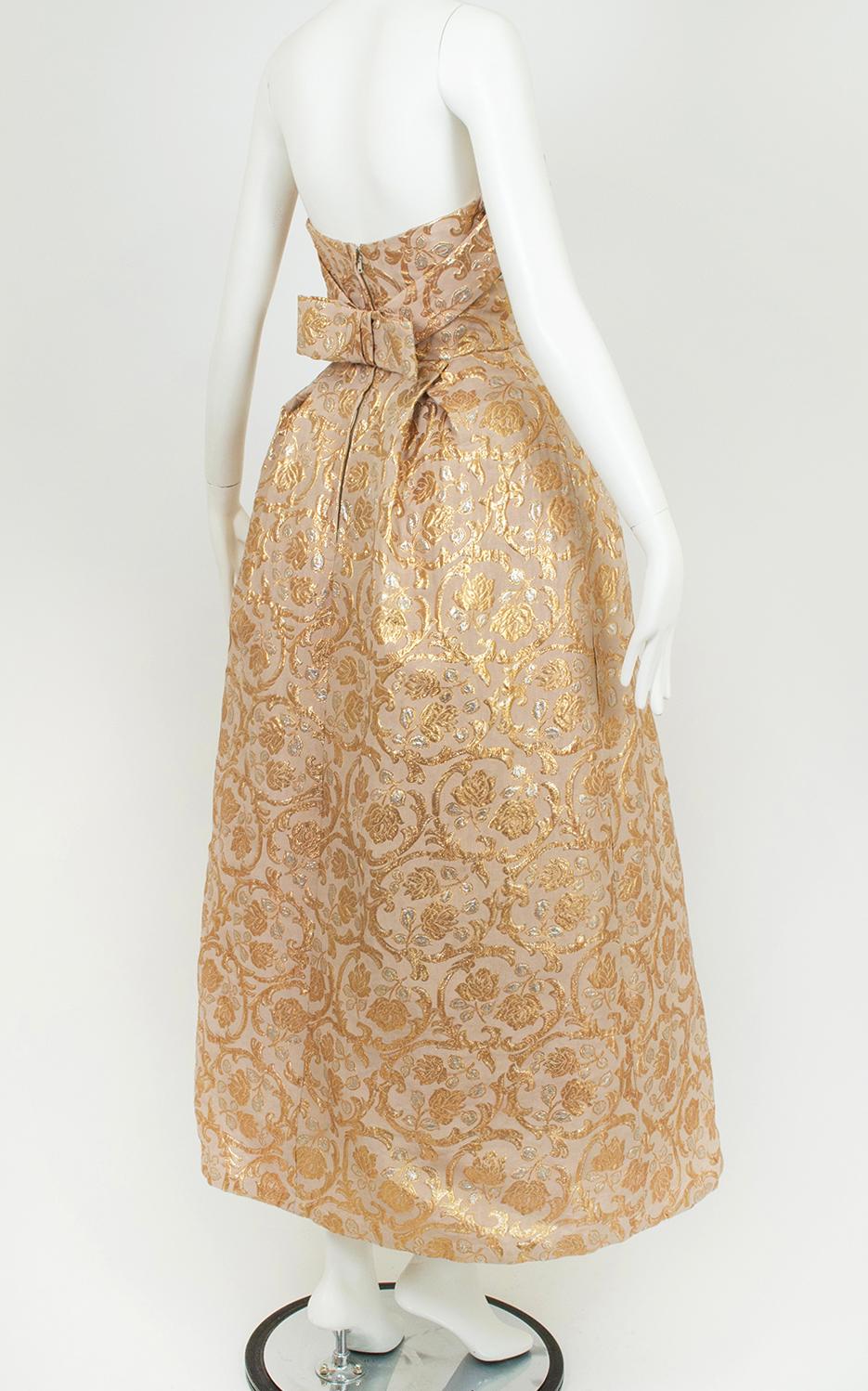 Women's Will Steinman Strapless Gold Metallic Brocade Ball Gown w Rear Bow – XS, 1950s