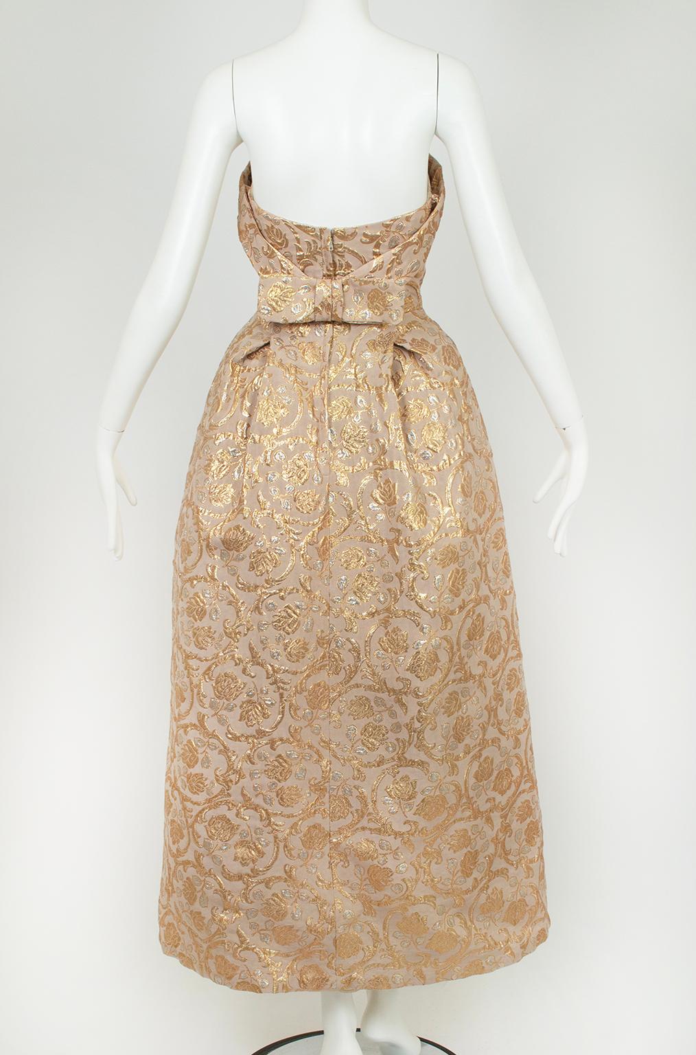 Will Steinman Strapless Gold Metallic Brocade Ball Gown w Rear Bow – XS, 1950s 1