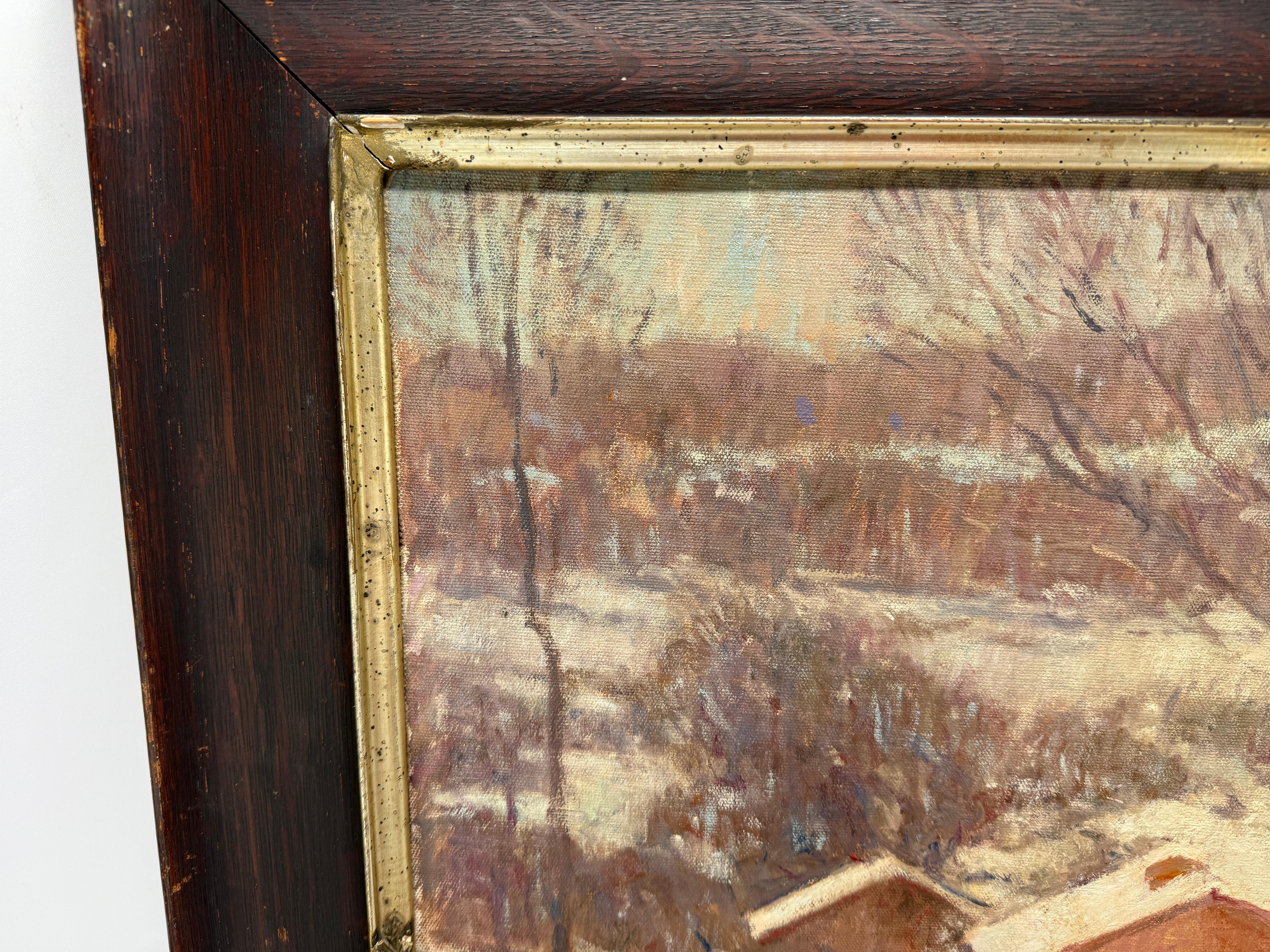 Dieses stimmungsvolle Ölgemälde von Will Taylor fängt den heiteren Charme eines Winters in Neuengland ein. Es ist in einem impressionistischen Stil gehalten, der das Zusammenspiel von Licht, Farbe und Textur wunderschön wiedergibt. Die Komposition