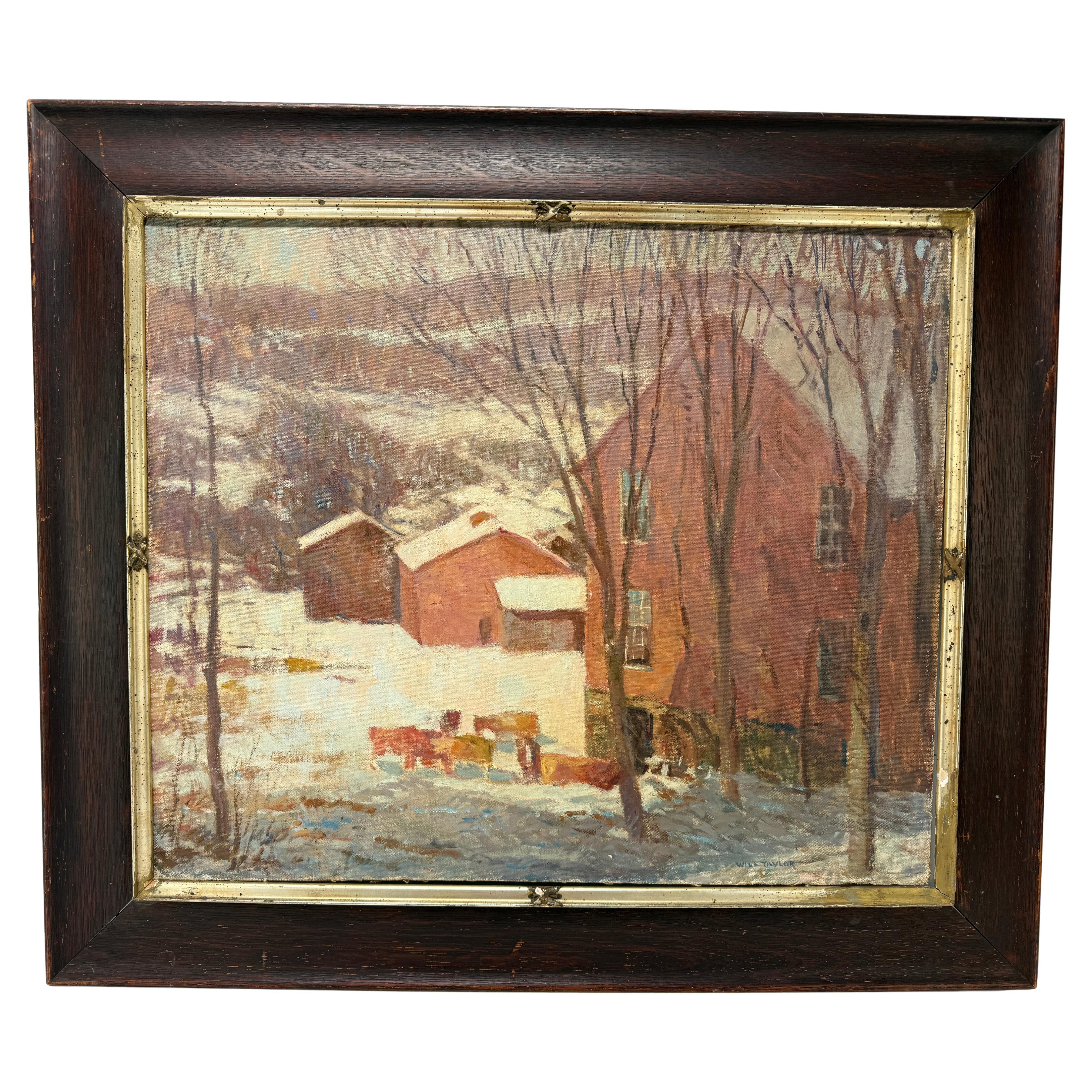 Will Taylor,  Impressionist New England Cows In a Snowy Landscape Oil On Canvas