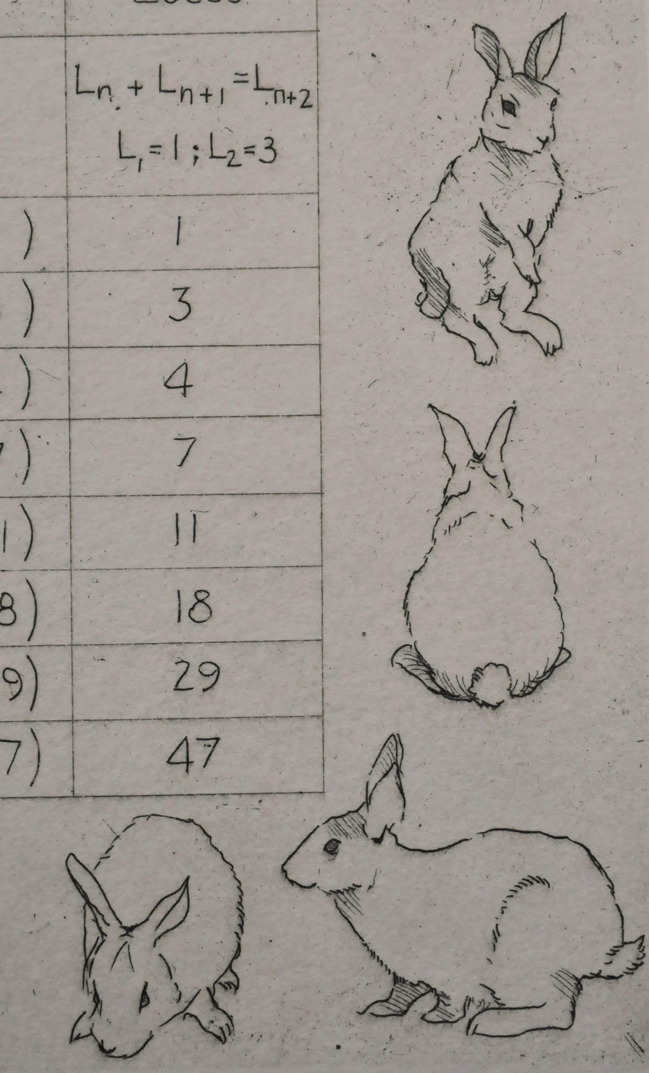WILL TAYLOR Fibonacci's Rabbit Édition originale limitée à 50 exemplaires - imprimée par l'artiste sur papier Somerset 300gsm Cotton Gravure au cuivre Dimensions de l'image L 20 cm x H 15 cm Dimensions de la feuille L 34 cm x H 29 cm Vendu non