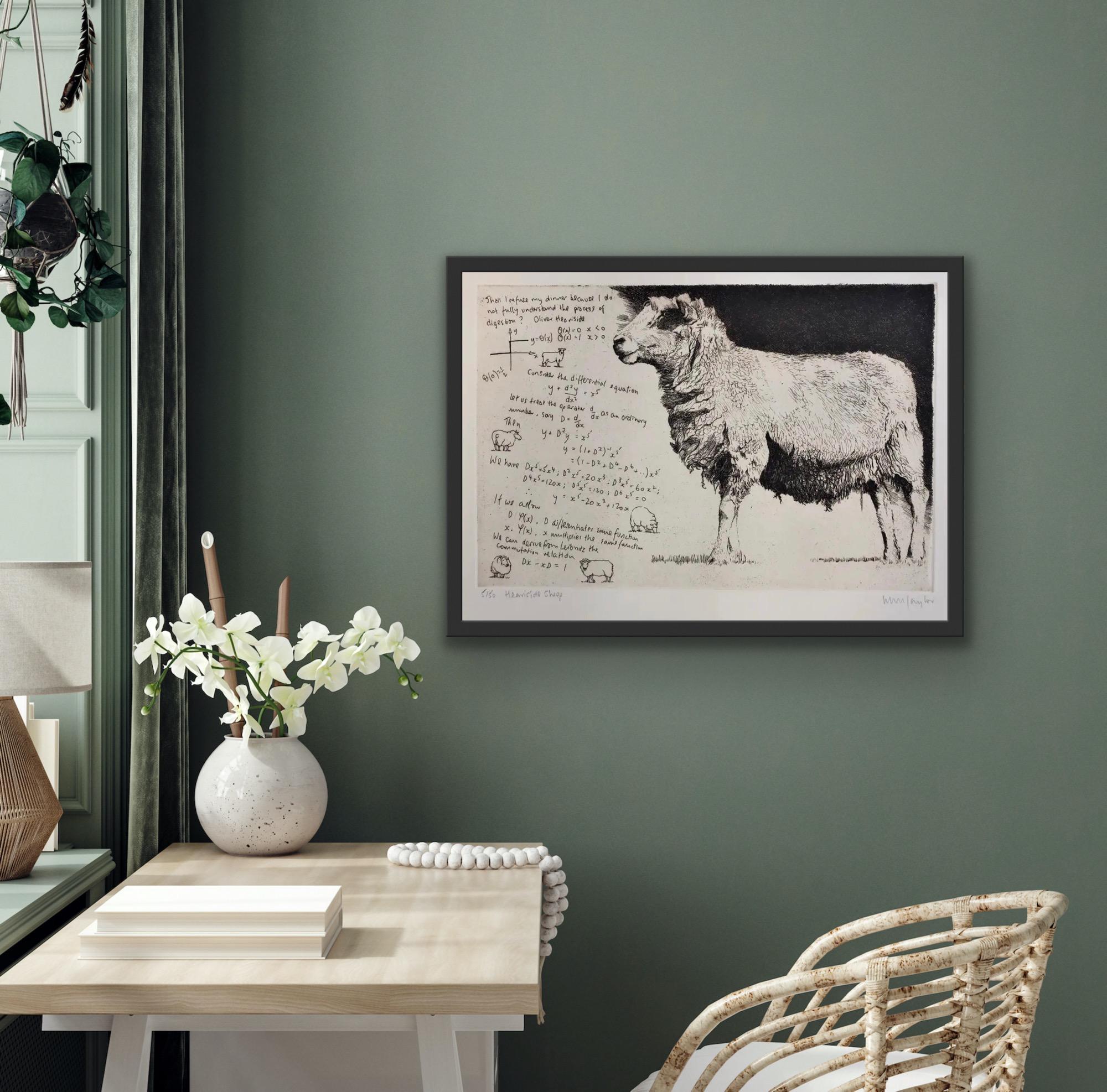 Heaviside Sheep is an original etching by Will Taylor. It explores animal images and mathematics, including the works of Oliver Heaviside. Each impression is marked on the reverse with the artist’s studio stamp.

Additional Information:
WILL
