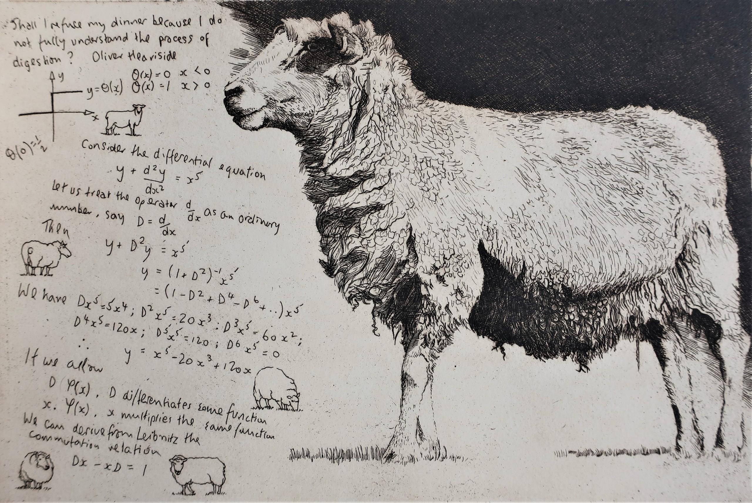 Heaviside Sheep is an original etching by Will Taylor. It explores animal images and mathematics, including the works of Oliver Heaviside. Each impression is marked on the reverse with the artist’s studio stamp.

Additional Information:
WILL