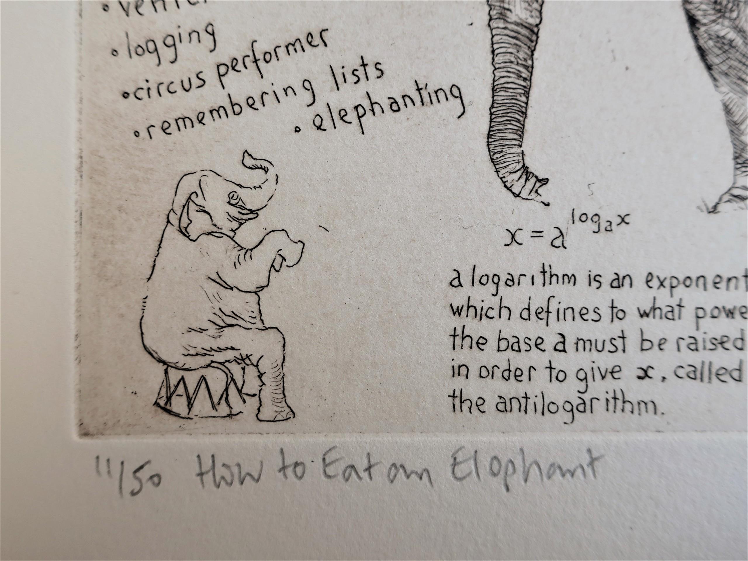 How To Eat An Elephant ist eine Originalradierung von Will Taylor. Es erforscht Tierbilder und Mathematik, einschließlich des Integrals von Volumen. Jeder Abdruck ist auf der Rückseite mit dem Stempel des Woolstore Studios des Künstlers