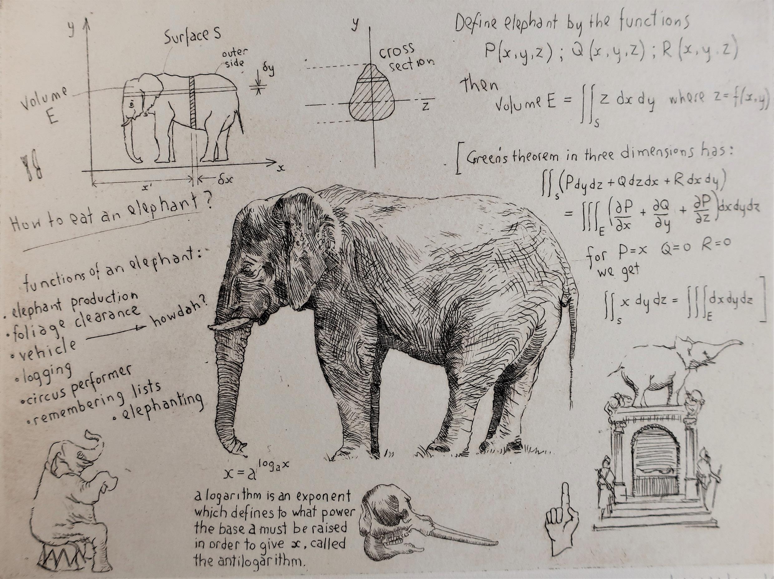 How To Eat An Elephant is an original etching by Will Taylor. It explores animal images and mathematics, including the integral of volumes. Each impression is marked on the reverse with the artist’s Woolstore Studio stamp.

Additional