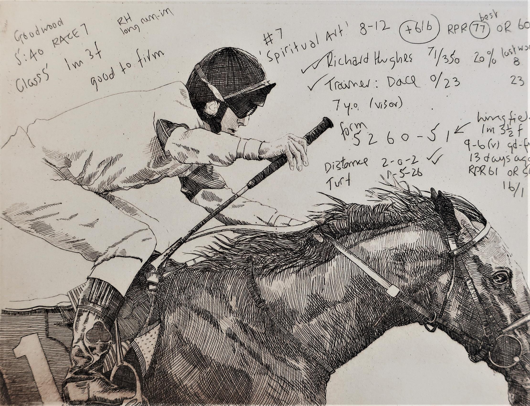The Racing Selection is an original etching by Will Taylor. It depicts horse and rider in Epsom racing colours with betting information. Each impression is marked on the reverse with the artist’s studio stamp.

Additional Information:
WILL