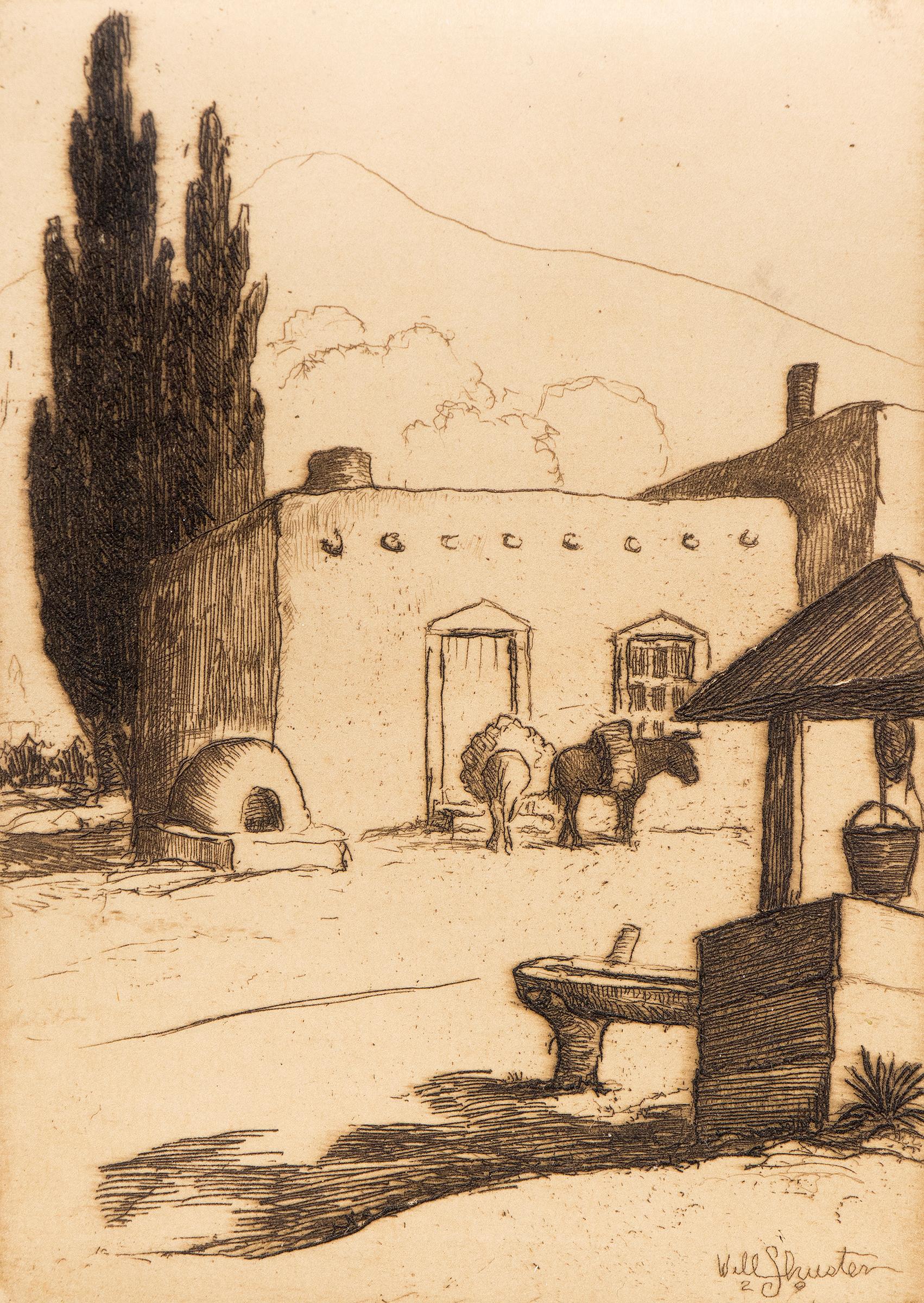 La Noria, 1920s New Mexico Adobe House Landscape Etching, Well, Trees, Sky  - Print by Will (William Howard) Shuster