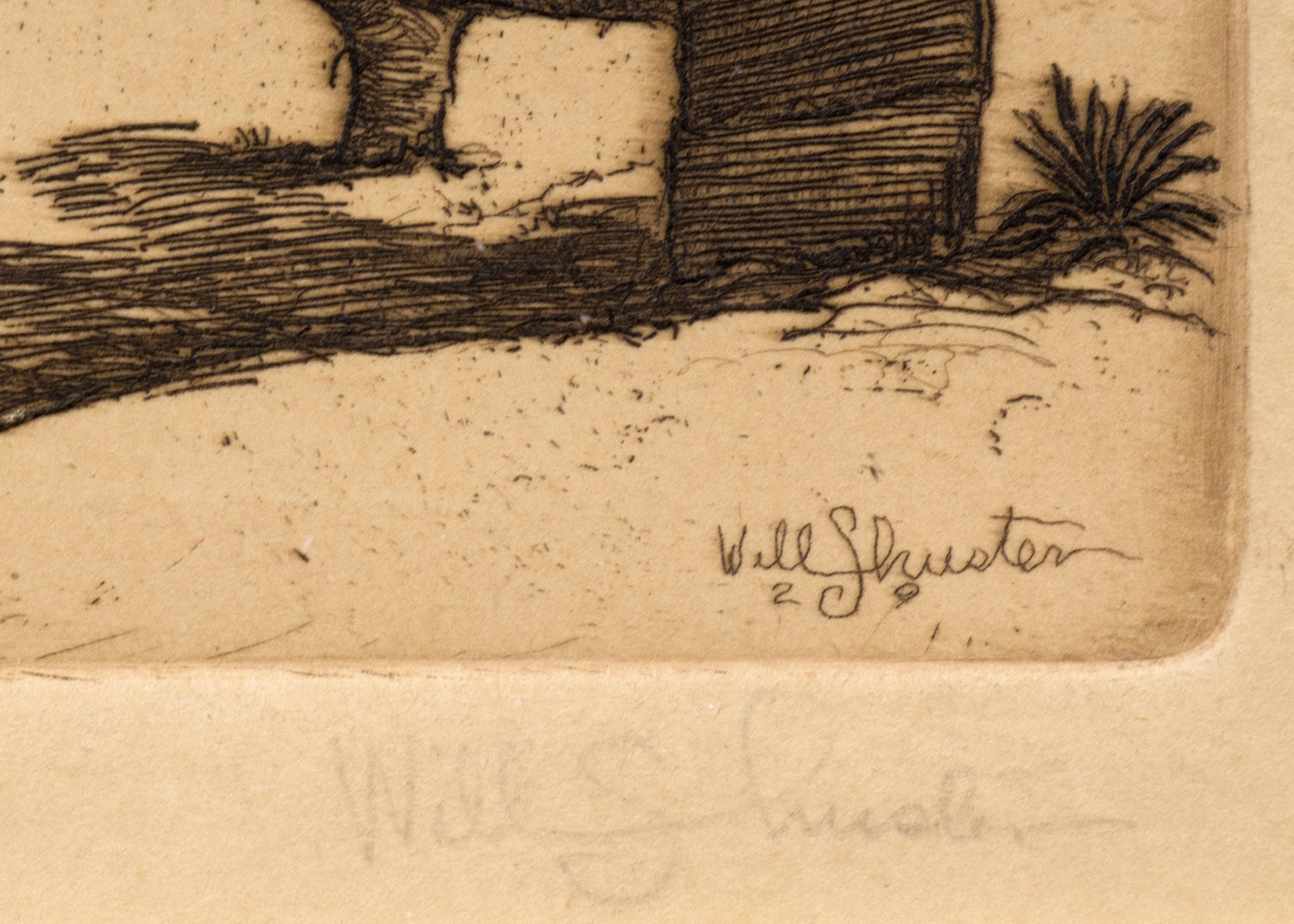 'La Noria' è un paesaggio del Nuovo Messico con un pozzo, una casa Adobe, alberi e cielo, un'acquaforte originale firmata su carta di Will Shuster del 1929. Presentato in una cornice personalizzata, le dimensioni esterne misurano 9 ½ x 8 x ¾