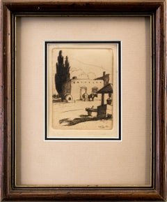 La Noria, 1920s New Mexico Adobe House Landscape Etching, Well, Trees, Sky