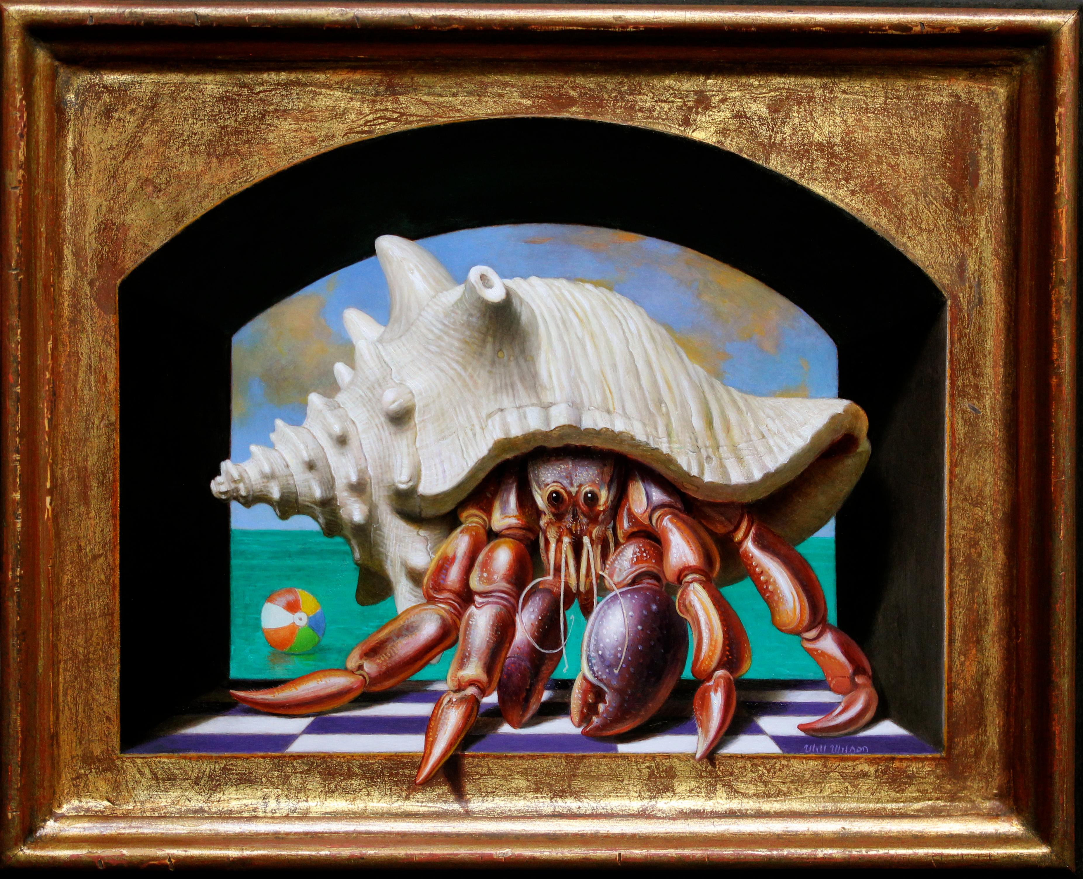 Still-Life Painting Will Wilson - Maison de plage - Hyperréalisme / Portrait de crabe avec coquillage de conque sur la plage