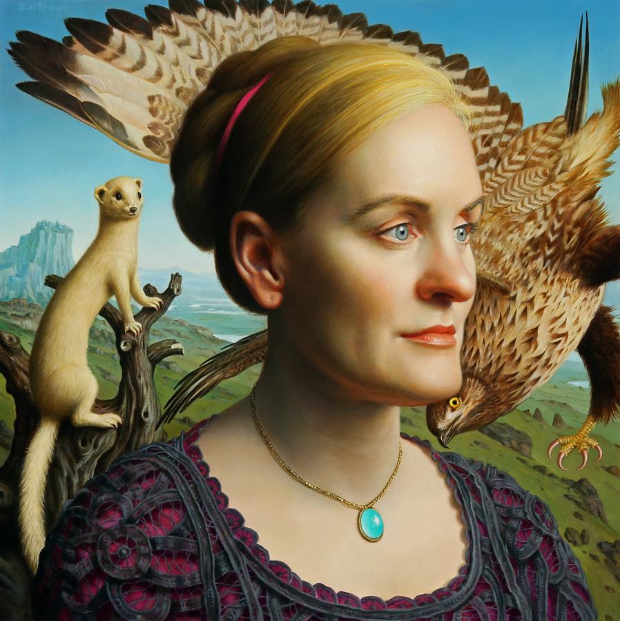 Will Wilson Portrait Painting - THE PAINTER'S WIFE, Portrait Blond Woman, Dutch Influence, Animals, Fur, Hawk