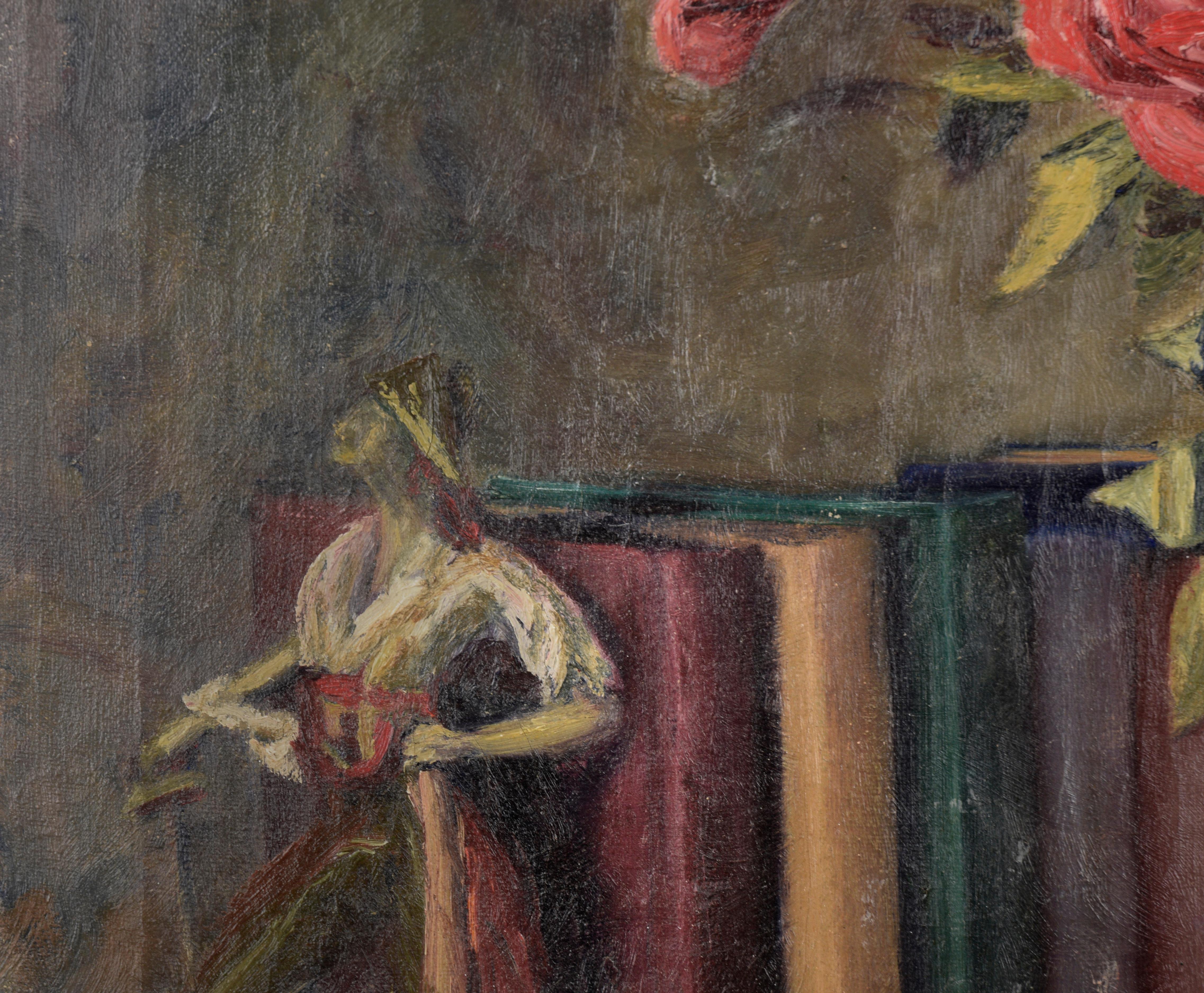 Nature morte détaillée de roses, de livres, d'une statue des Pirates de Penzance et d'un cendrier par l'artiste texane Willa (Willie) Kay Fall (1891-1976). Signé dans le coin inférieur droit. Présenté dans son cadre d'origine en bois doré. 
 Image
