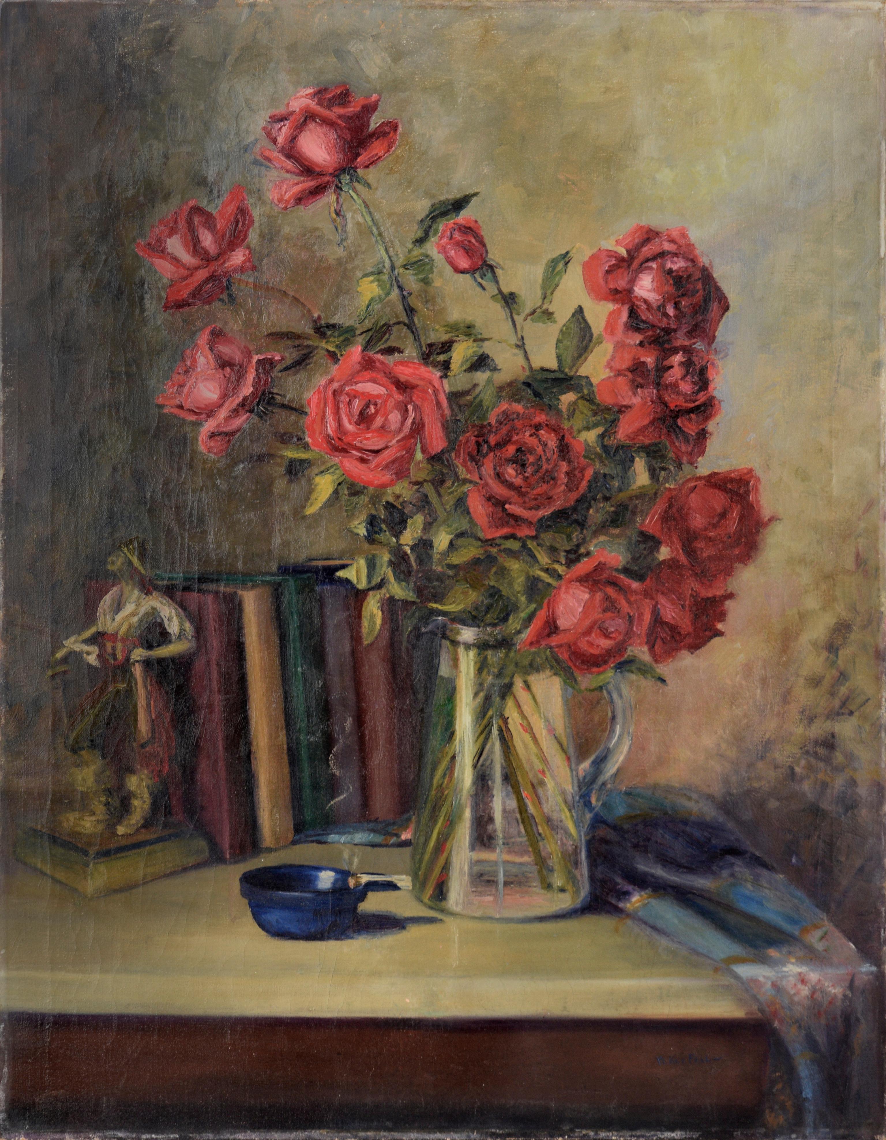 The Pirates of Penzance - Roses and Books Still Life by Willie Kay Fall - Texas  - Painting by Willa Kay Fall 